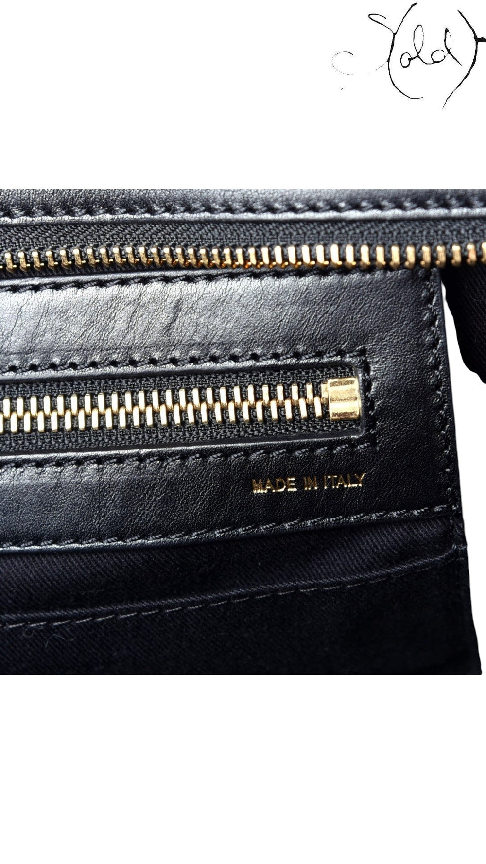 Sold Attire Chloe Alice satchel interior featuring black leather trim, brass-tone zipper, and Made in Italy stamp.