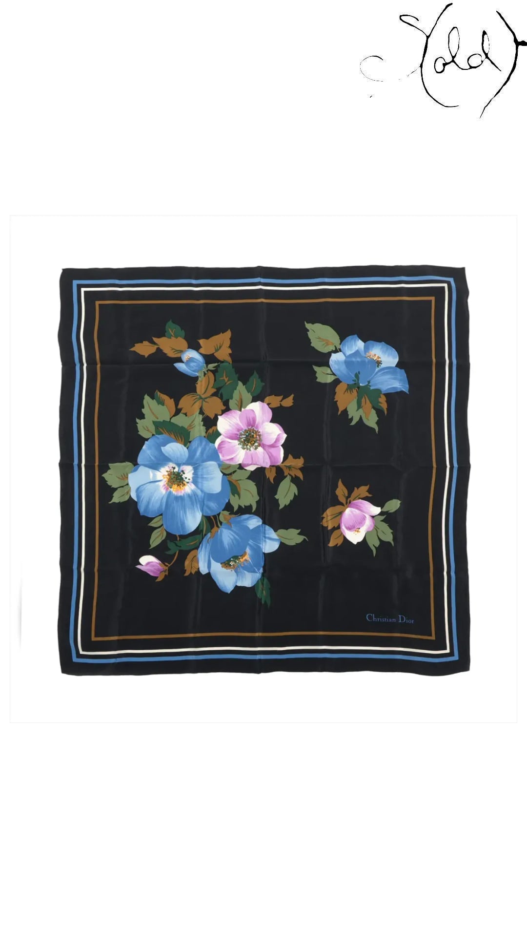 Christian Dior Black Floral Silk Scarf — full view