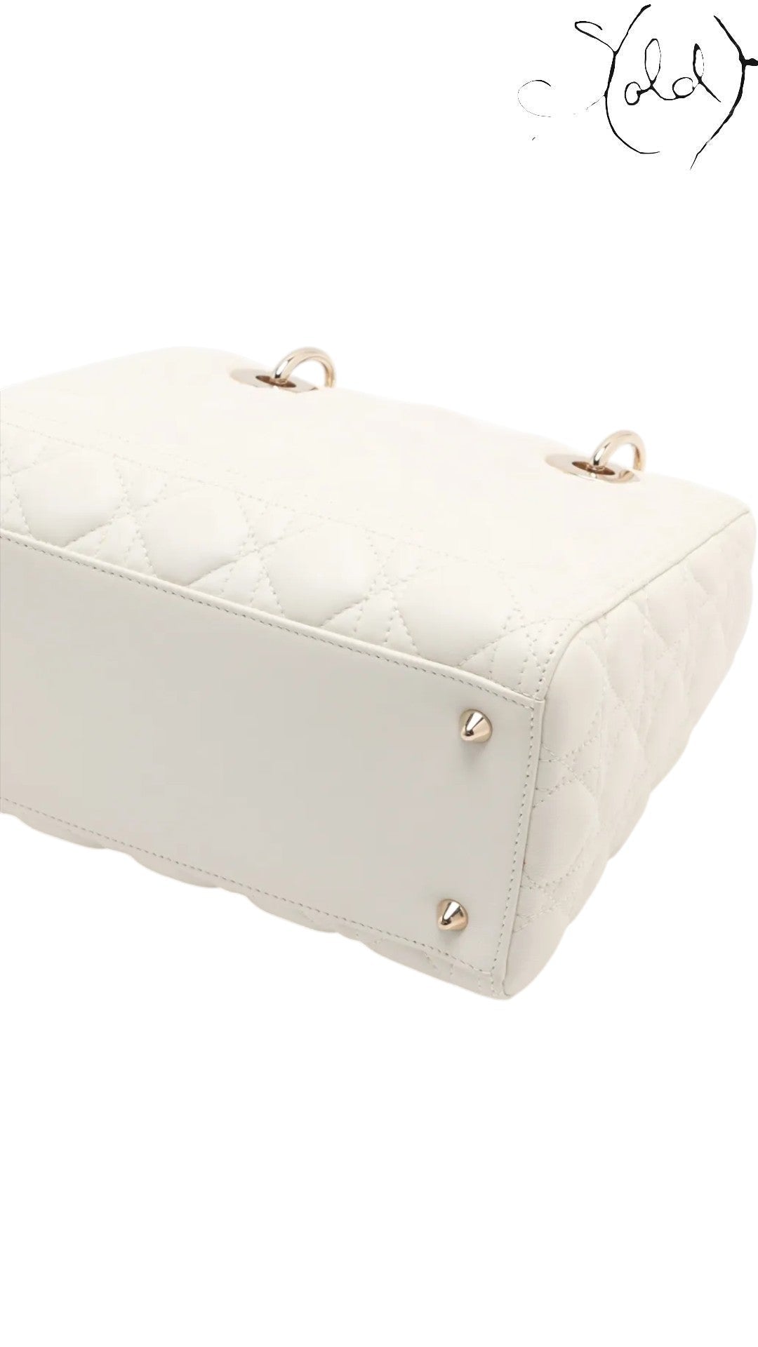 Sold Attire white lambskin Lady Dior medium bag with rose gold hardware and cannage quilting.
