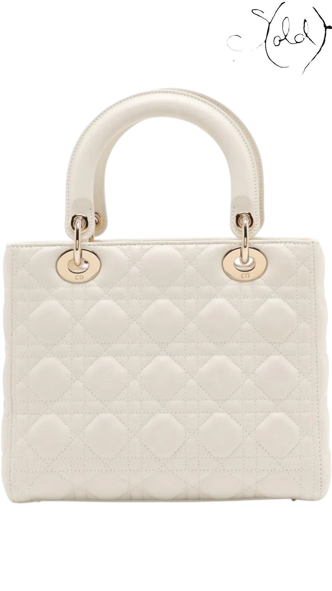Sold Attire medium white lambskin Lady Dior bag with rose gold hardware and cannage quilting.