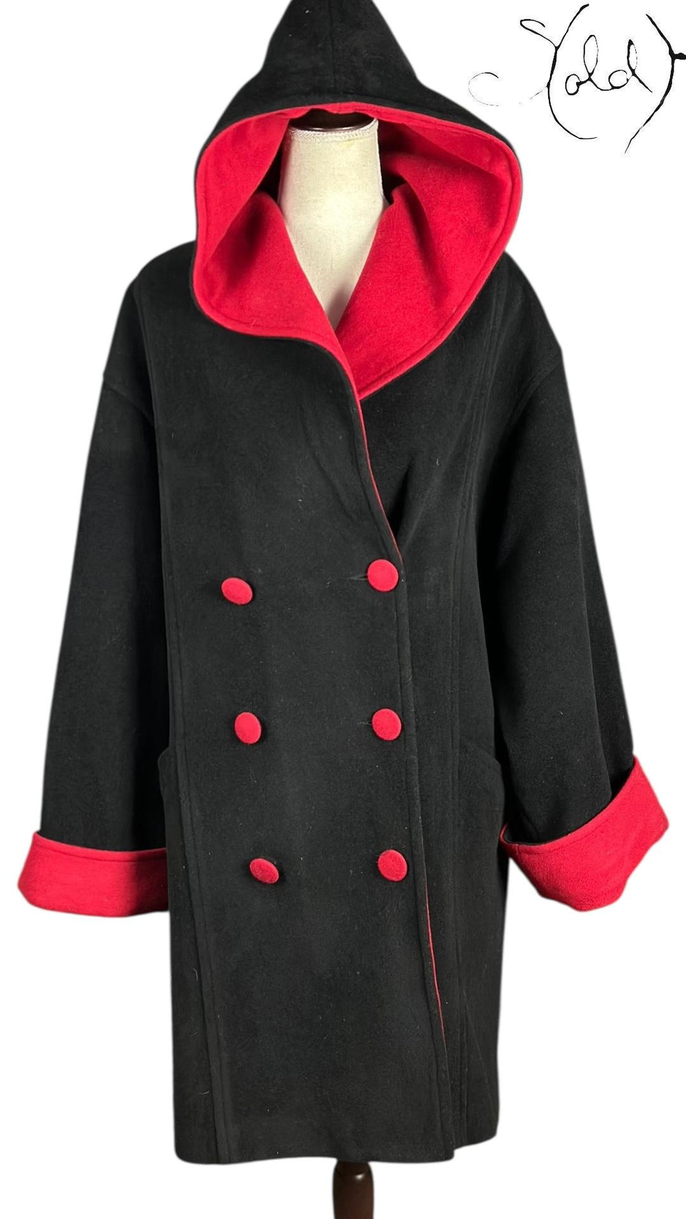 Christian Dior Wool Cashmere Coat Black Red 1980s Size 44, Detail view | Sold Attire