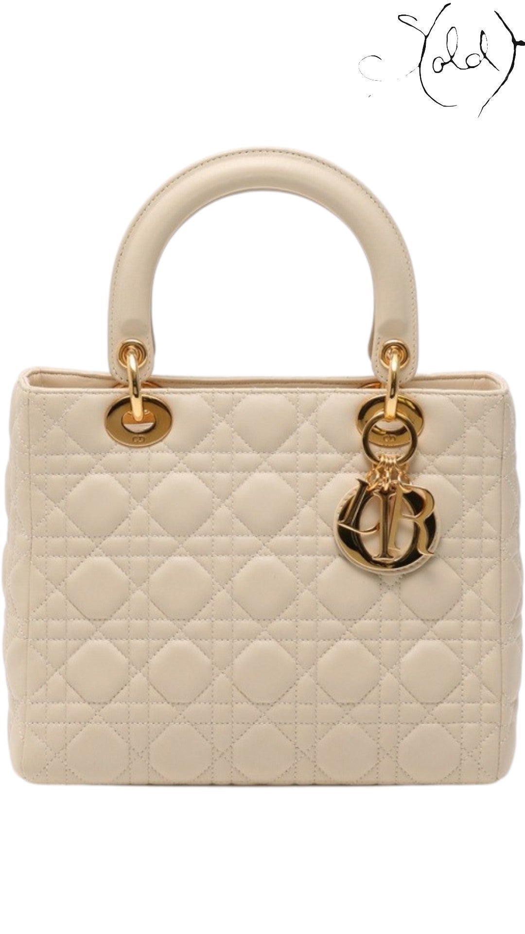 Sold Attire ivory Lady Dior handbag in quilted Cannage leather with gold-tone hardware and signature Dior letter charms.