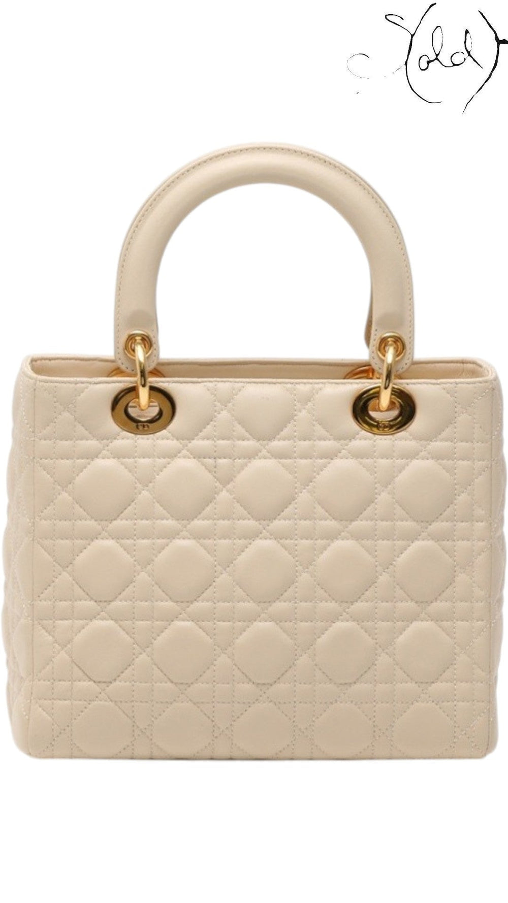 Sold Attire ivory Dior Lady Dior handbag in quilted Cannage leather with gold-tone hardware and top handles.