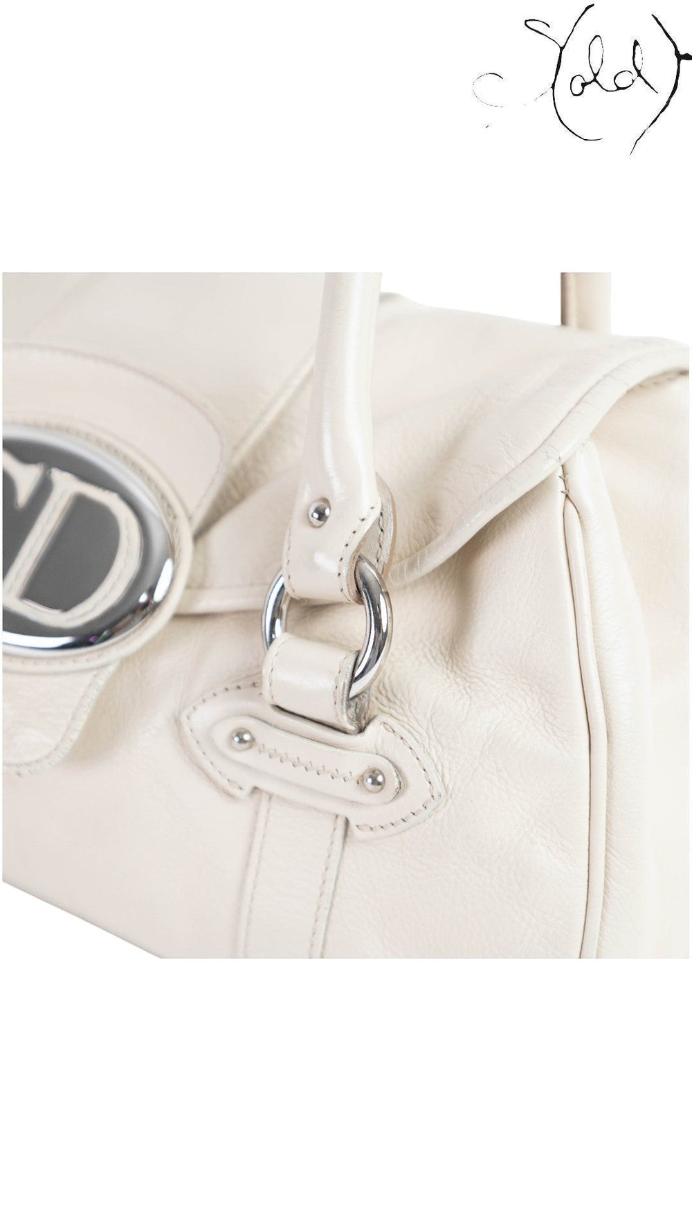 Sold Attire pre-owned Dior Saint Germaine flap bag in cream leather with silver-tone CD hardware and shoulder straps.