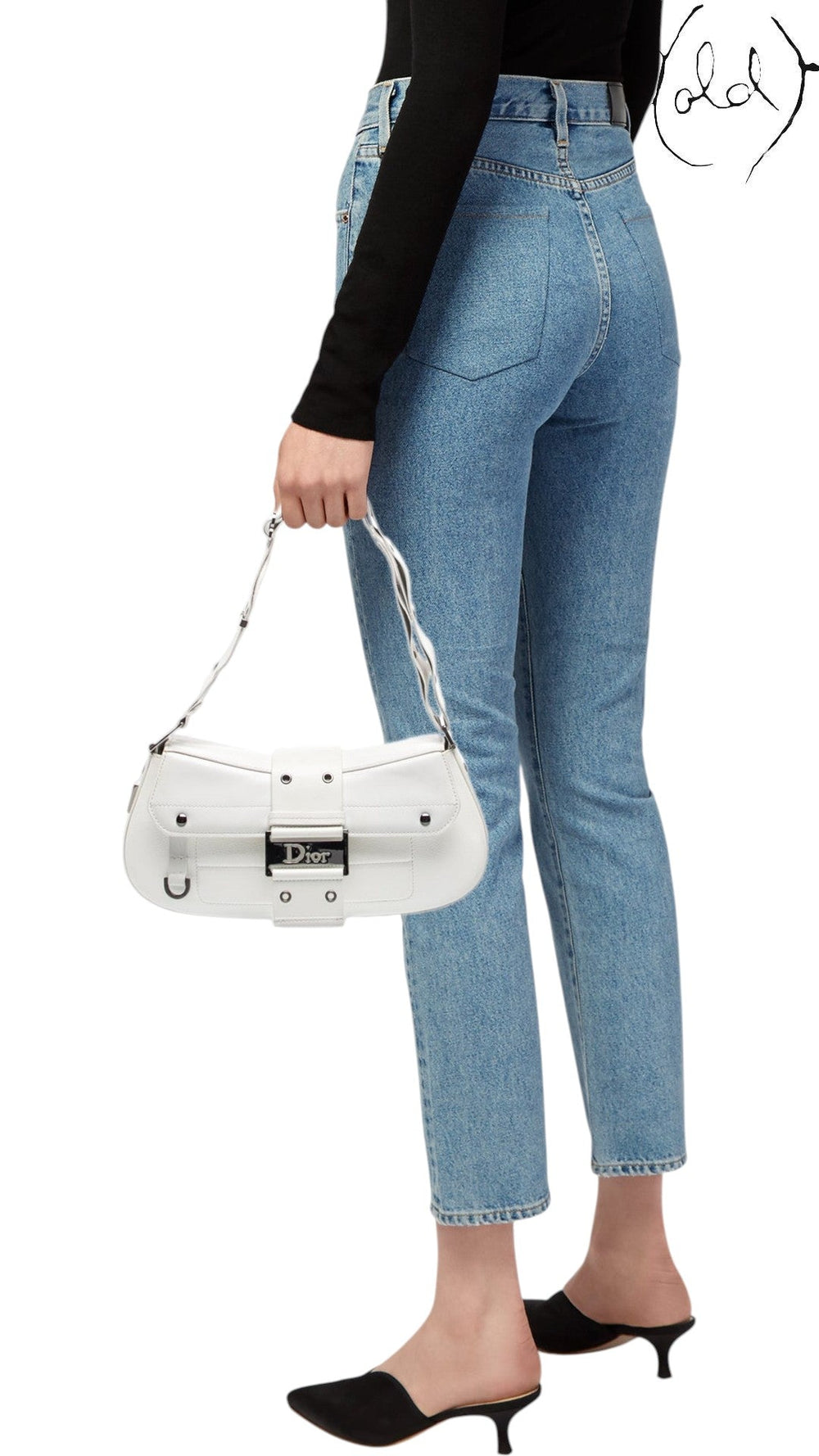 Sold Attire model carrying a vintage white leather Dior Street Chic shoulder bag with silver-tone hardware.