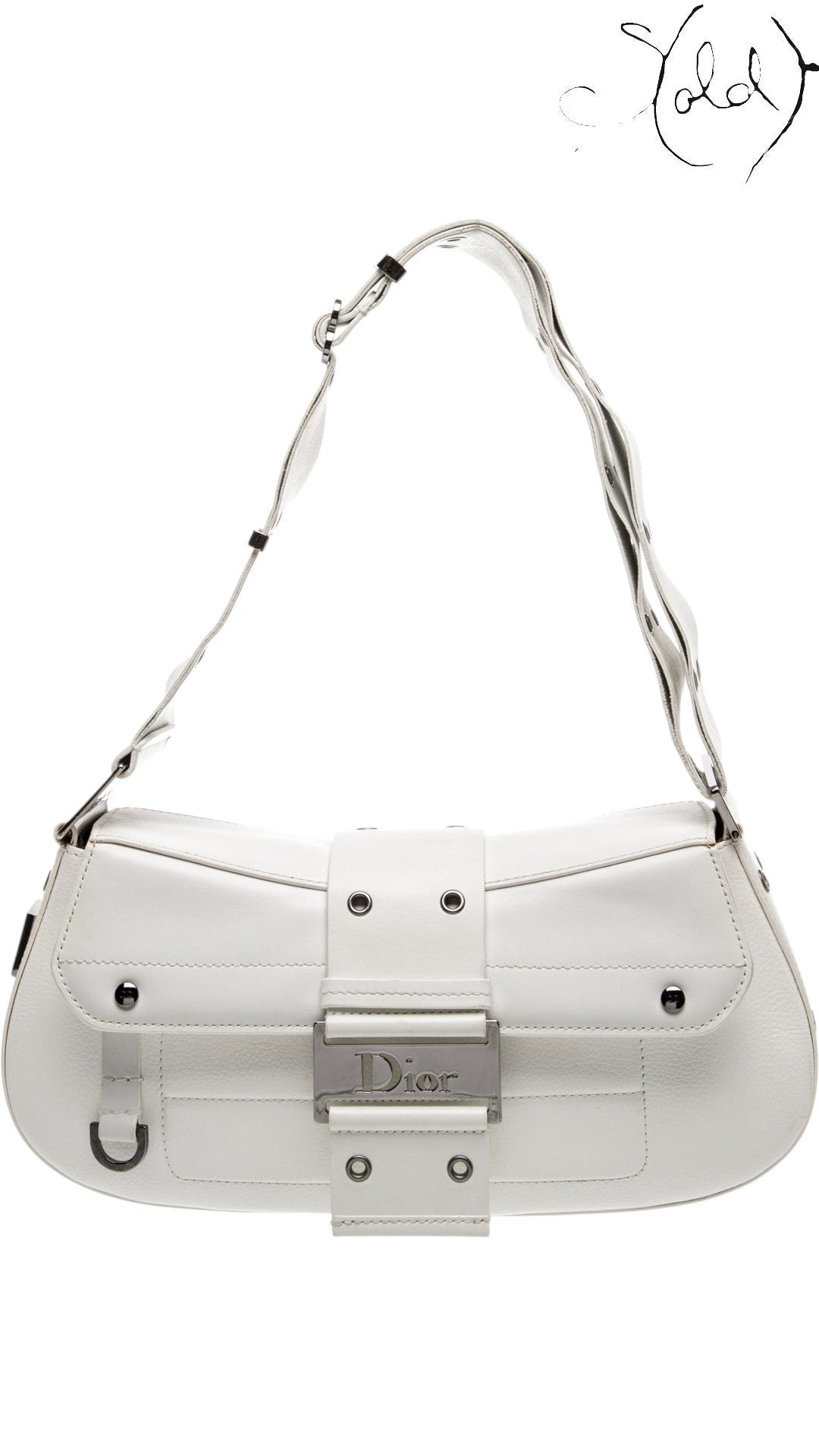 Sold Attire vintage Dior Street Chic shoulder bag in white leather with silver-tone hardware and front flap closure.