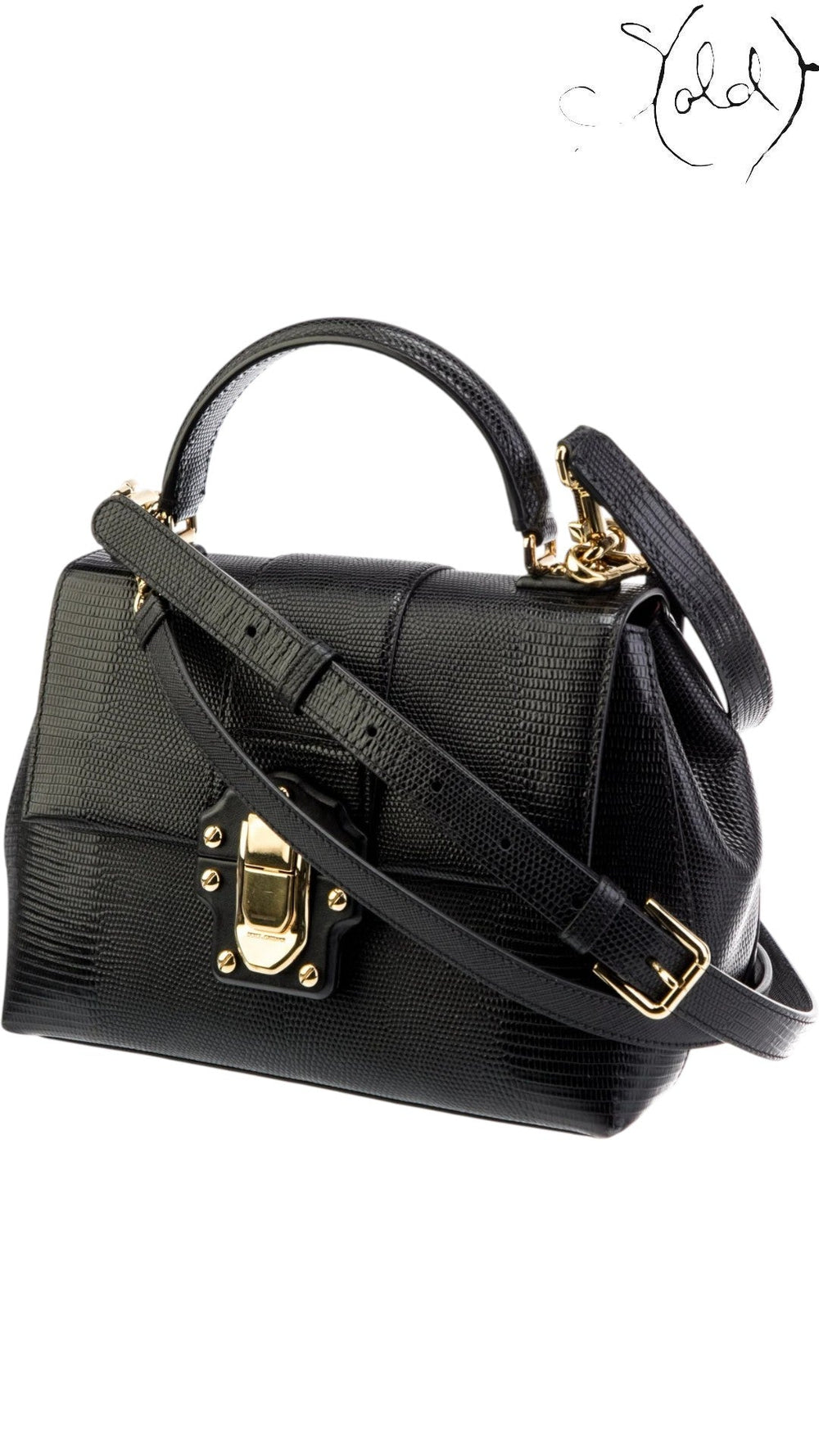 Dolce & Gabbana Black Lizard-Embossed Top Handle Bag Gold Hardware, Base view | Sold Attire
