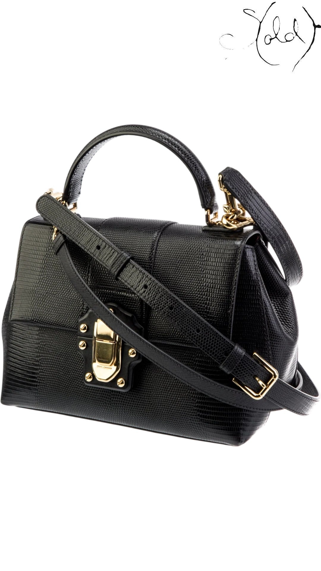 Dolce & Gabbana Black Lizard-Embossed Top Handle Bag Gold Hardware, Base view | Sold Attire