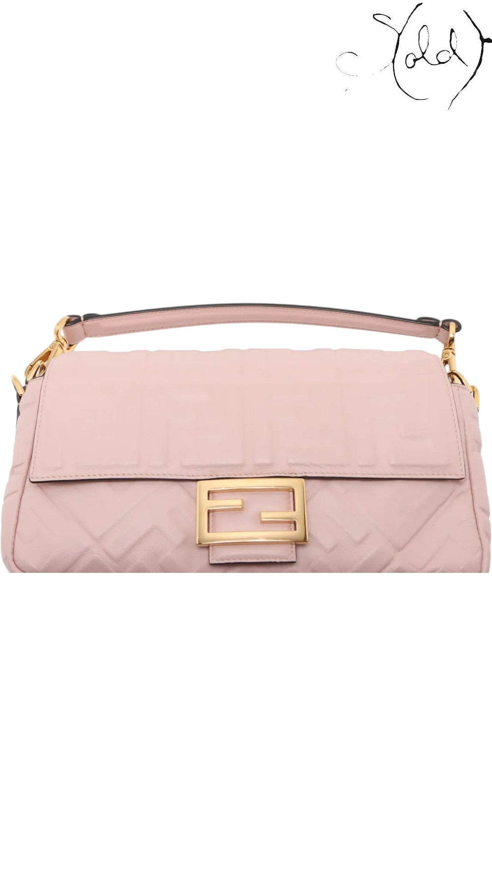 Sold Attire pink embossed calfskin Fendi Mamma Baguette with FF jacquard motif and gold-tone FF clasp. This medium-sized shoulder bag features a flap closure and a single top handle.