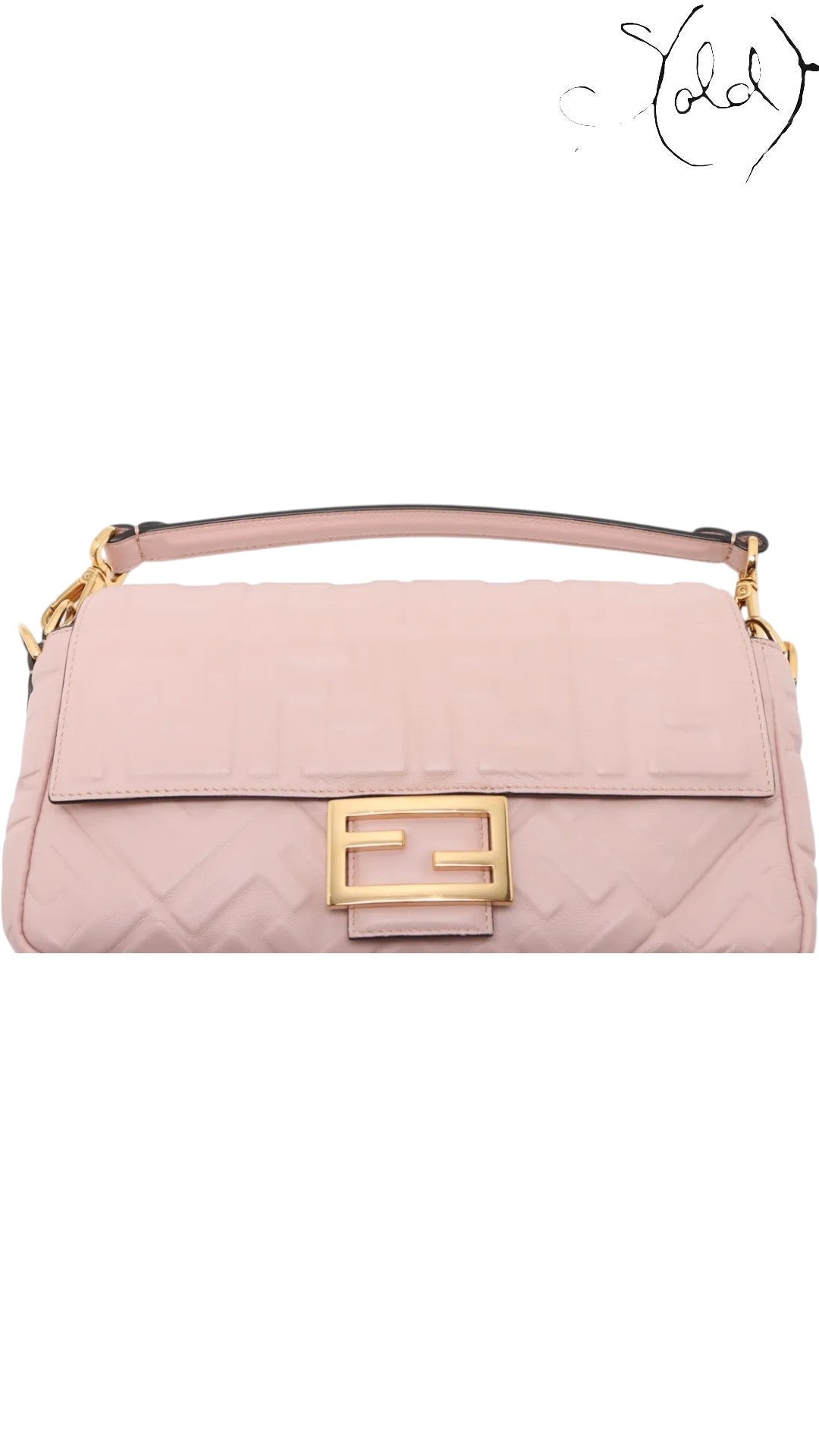 Sold Attire pink embossed calfskin Fendi Mamma Baguette with FF jacquard motif and gold-tone FF clasp. This medium-sized shoulder bag features a flap closure and a single top handle.