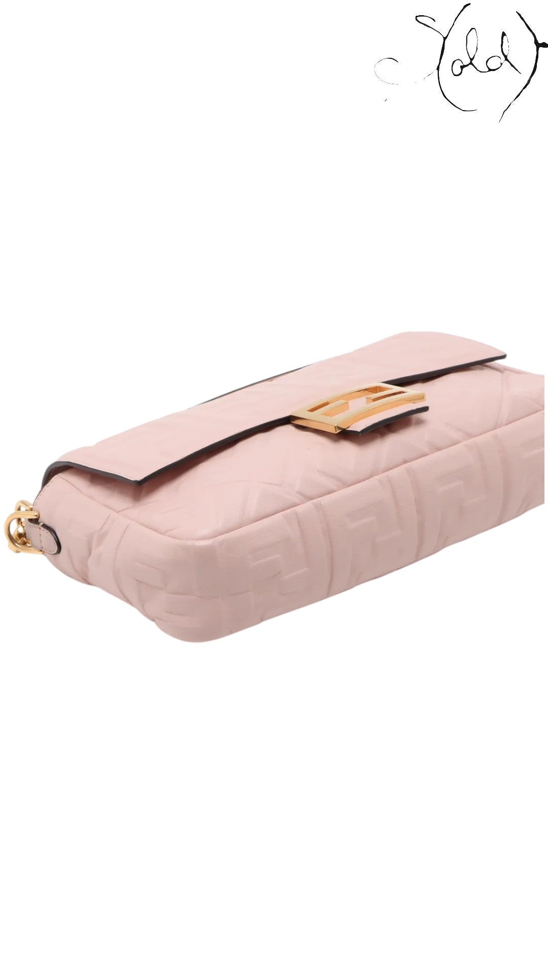 Sold Attire pink embossed calfskin Fendi Mamma Baguette with FF jacquard motif and gold-tone FF clasp.