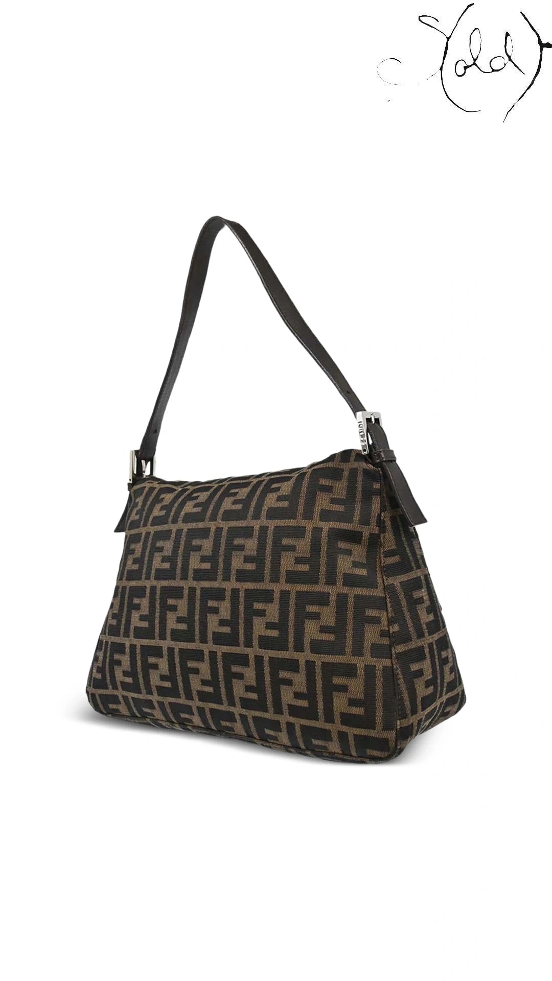Fendi Mamma Baguette Brown Zucca Canvas Leather Shoulder Bag angled side view, authenticated pre-owned Sold Attire.