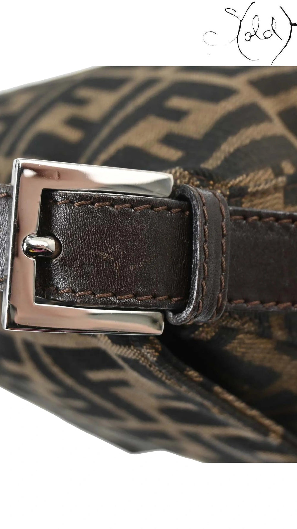 Fendi Mamma Baguette Brown Zucca canvas shoulder strap buckle detail, Sold Attire.