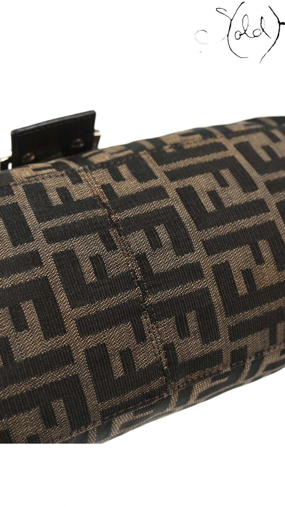 Fendi Mamma Baguette Brown Zucca canvas top seam and stitching detail, Sold Attire.