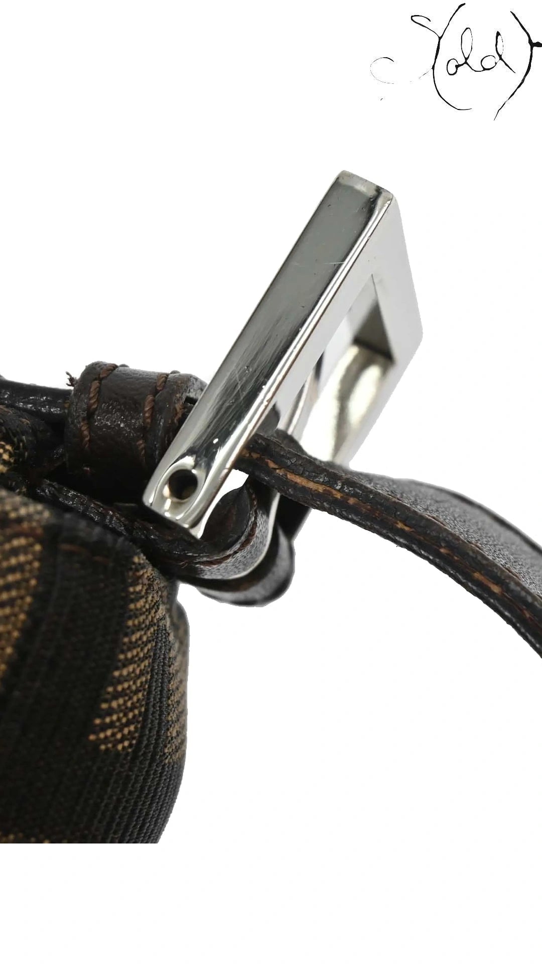 Fendi Mamma Baguette Brown Zucca canvas silver hardware and leather strap detail, Sold Attire.