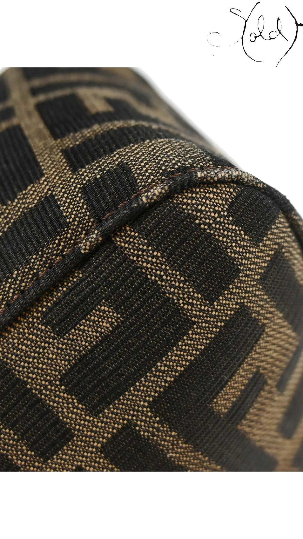 Fendi Mamma Baguette Brown Zucca canvas corner and edge detail, Sold Attire.