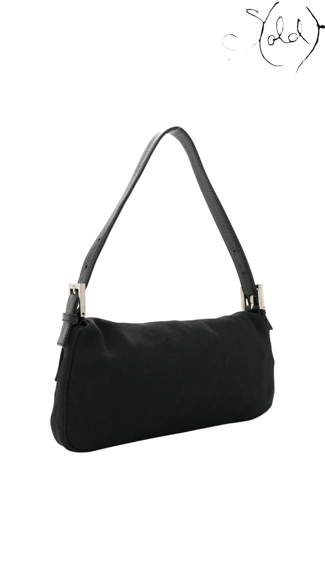 Sold Attire black jersey Fendi Mamma Baguette shoulder bag with leather trim and gold-tone FF logo hardware.