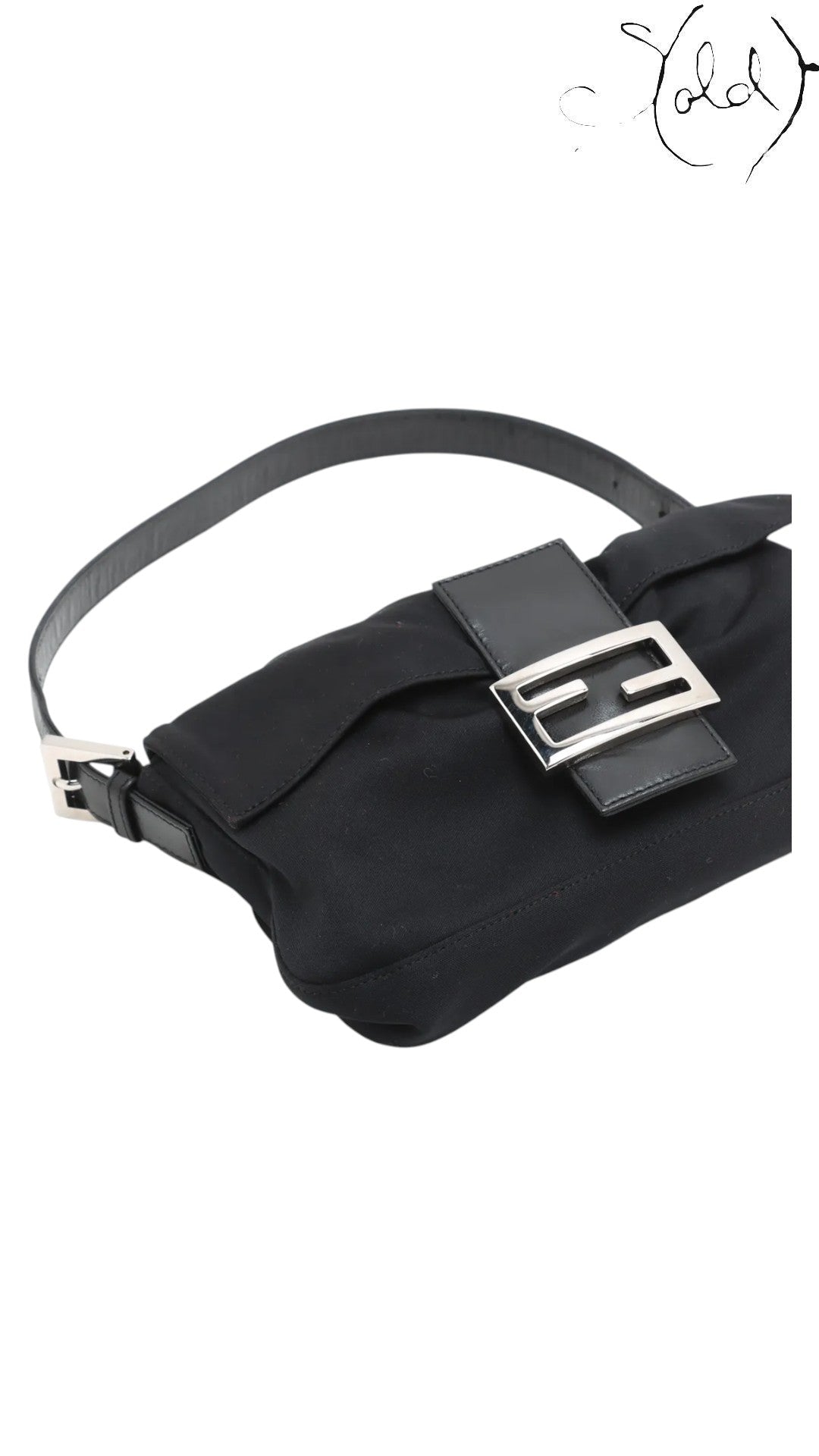 Sold Attire black jersey Fendi Mamma Baguette shoulder bag with leather trim and silver FF logo clasp.