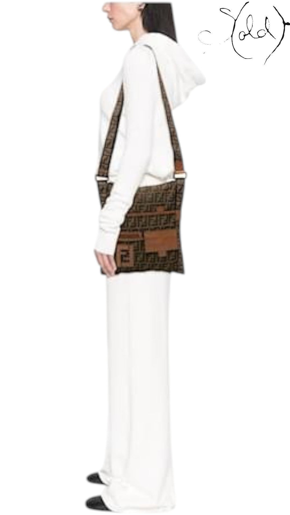 Sold Attire Fendi Zucca FF flat messenger bag in tobacco canvas with calf leather trim worn crossbody by a model