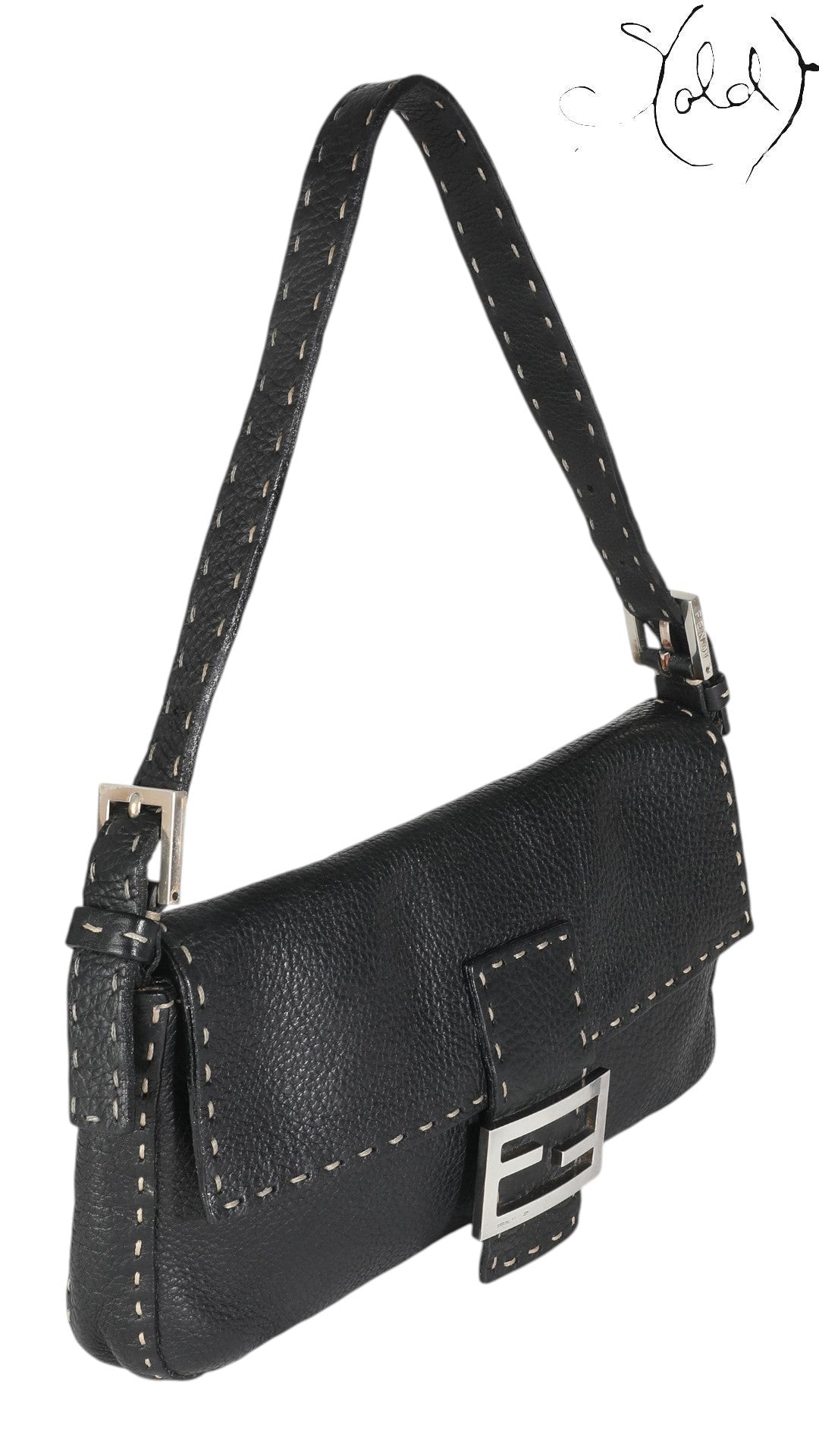 Fendi Selleria Baguette Black Calfskin - profile view | Sold Attire