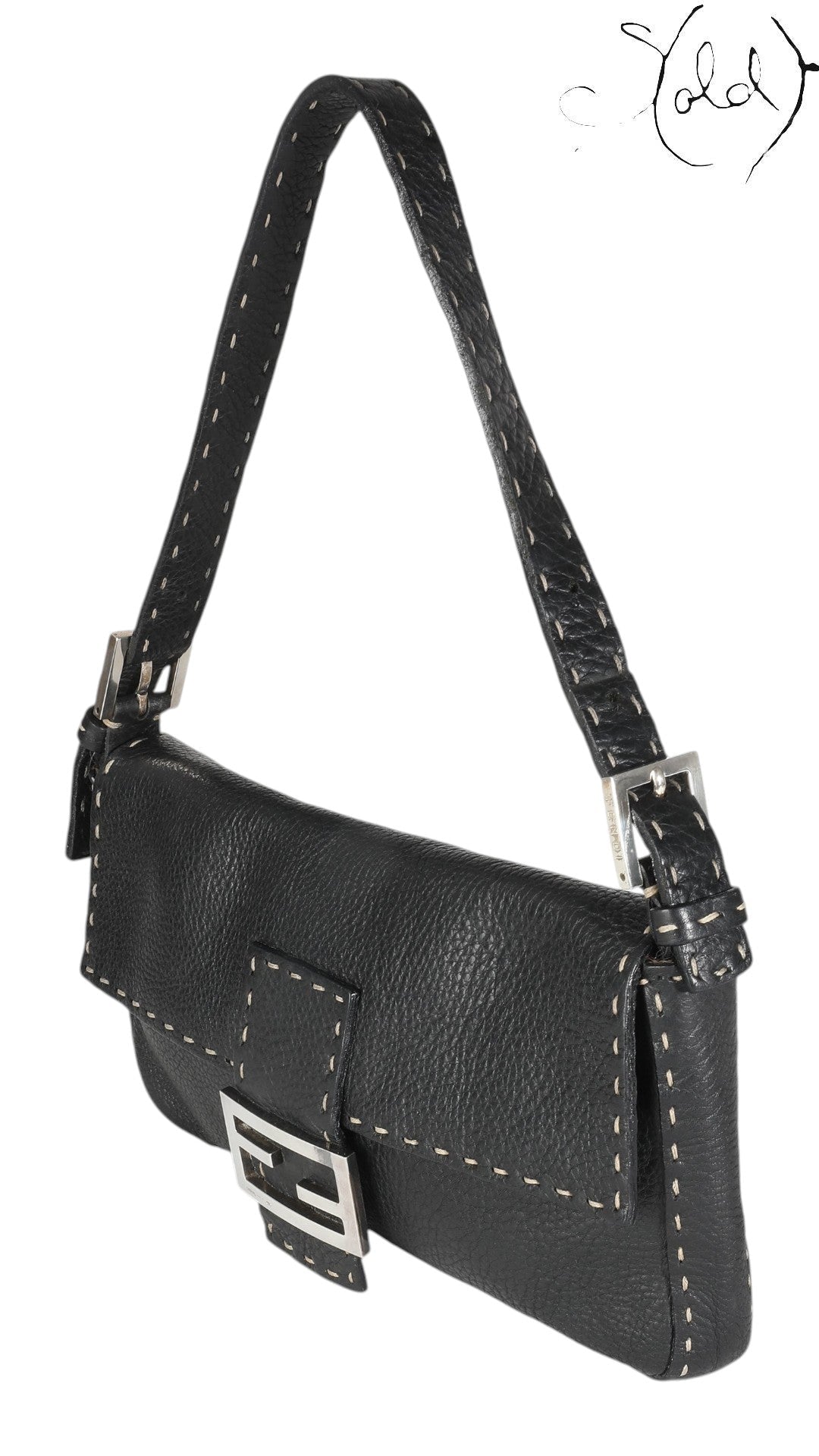 Fendi Selleria Baguette Black Calfskin - side view | Sold Attire