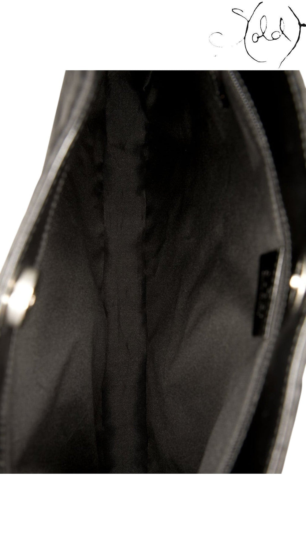 Interior view of a pre-owned Sold Attire Gucci black GG monogram hobo bag featuring black nylon lining and a side pocket.