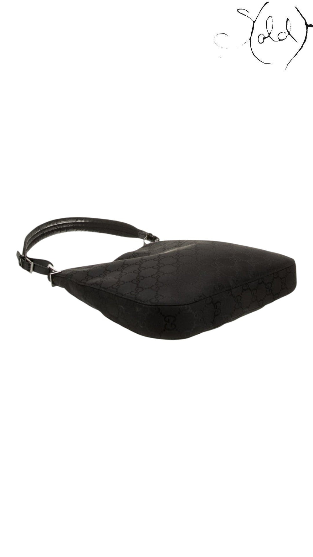 Sold Attire pre-owned Gucci hobo baguette bag in black iridescent GG monogram canvas with silver-tone hardware.