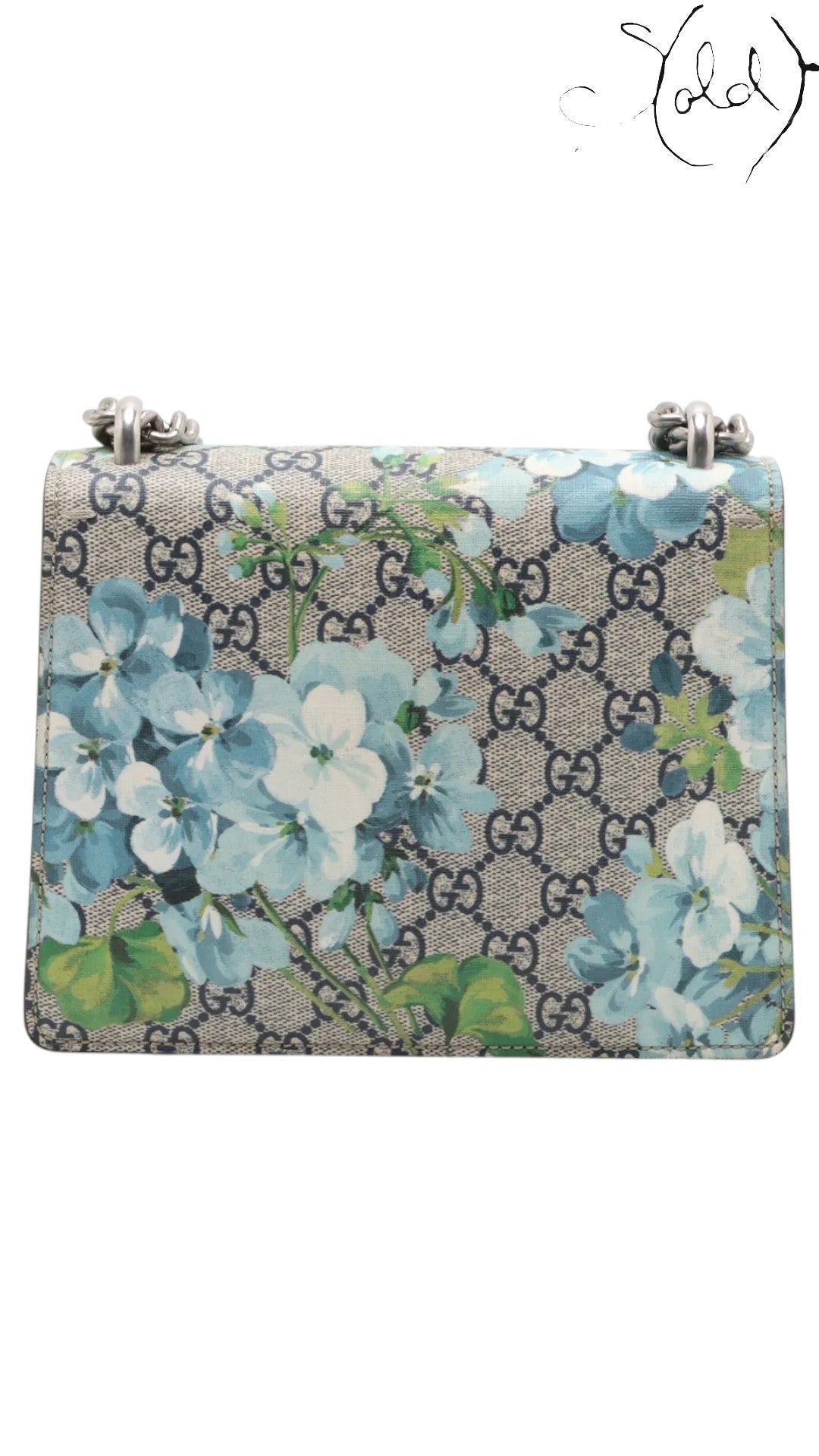 Sold Attire Gucci Dionysus GG Blooms beige and blue floral chain shoulder bag with aged silver hardware.
