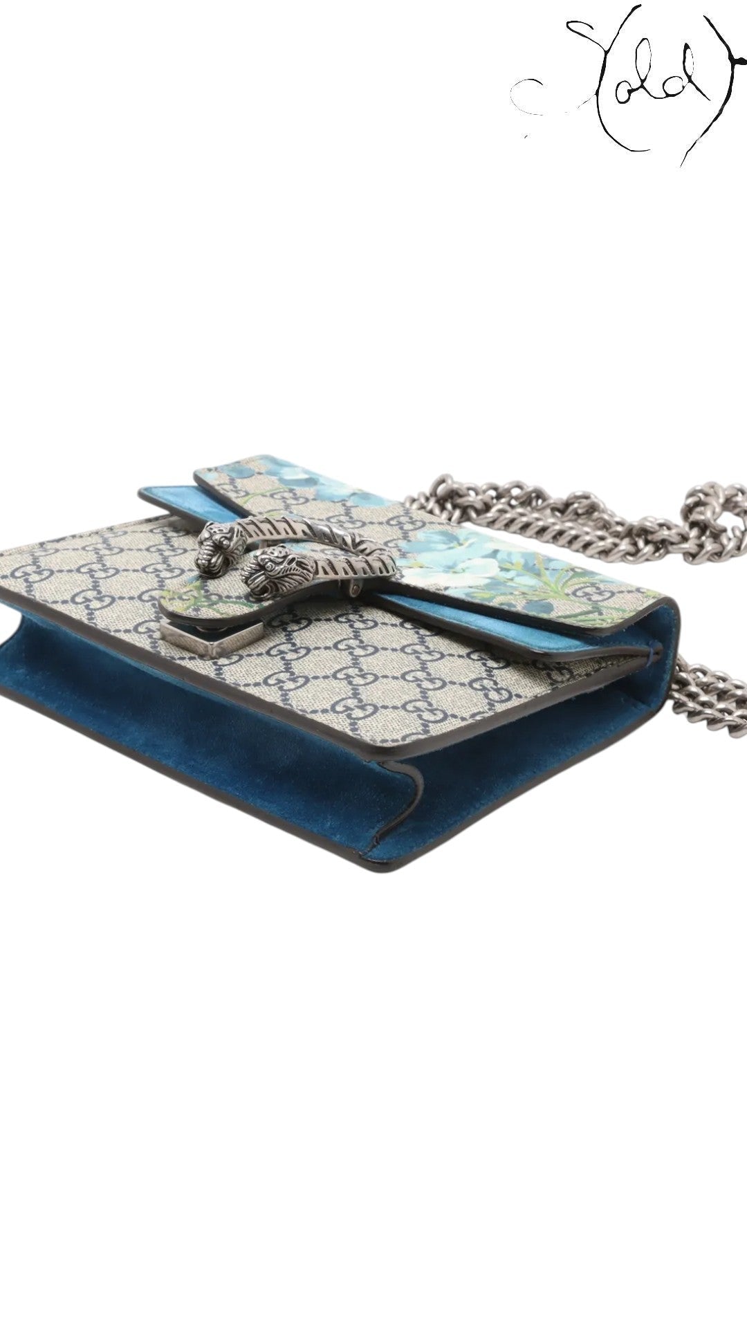 Sold Attire Gucci Dionysus GG Blooms beige and blue floral print canvas shoulder bag with tiger head clasp and silver chain.