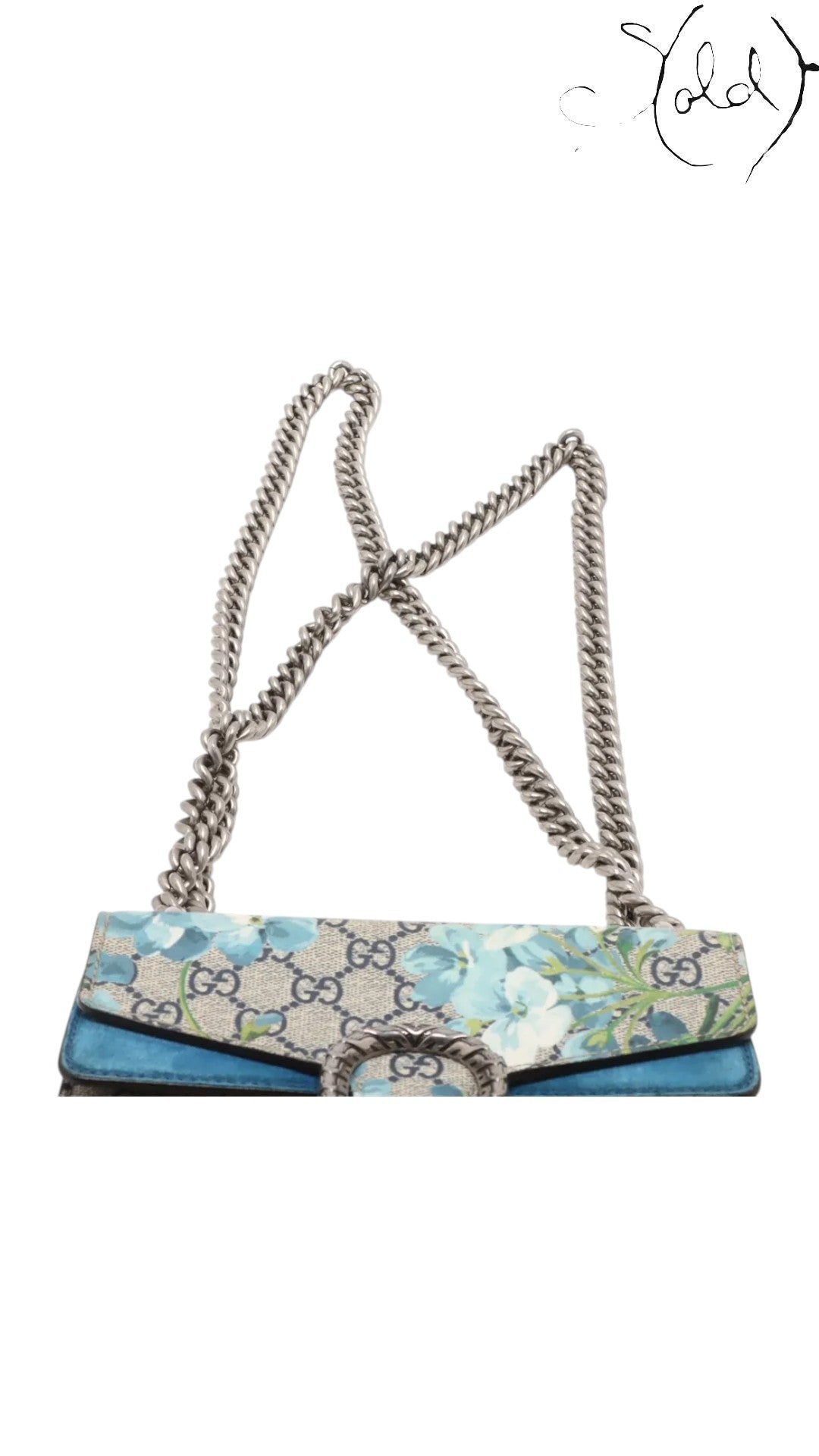 Sold Attire Gucci Dionysus GG Blooms beige and blue floral print shoulder bag with aged silver chain and tiger head clasp.