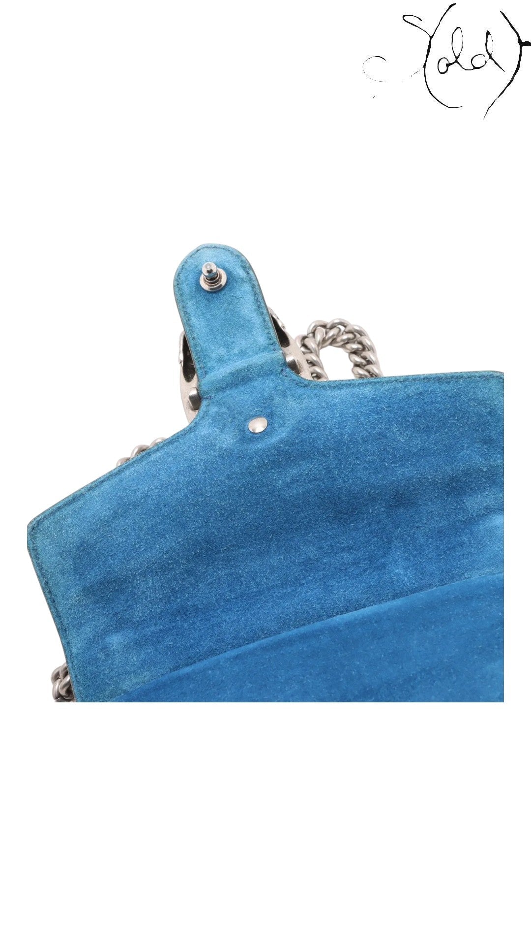 Sold Attire Gucci Dionysus GG Blooms beige blue floral chain shoulder bag interior, showing blue suede lining and aged silver hardware.
