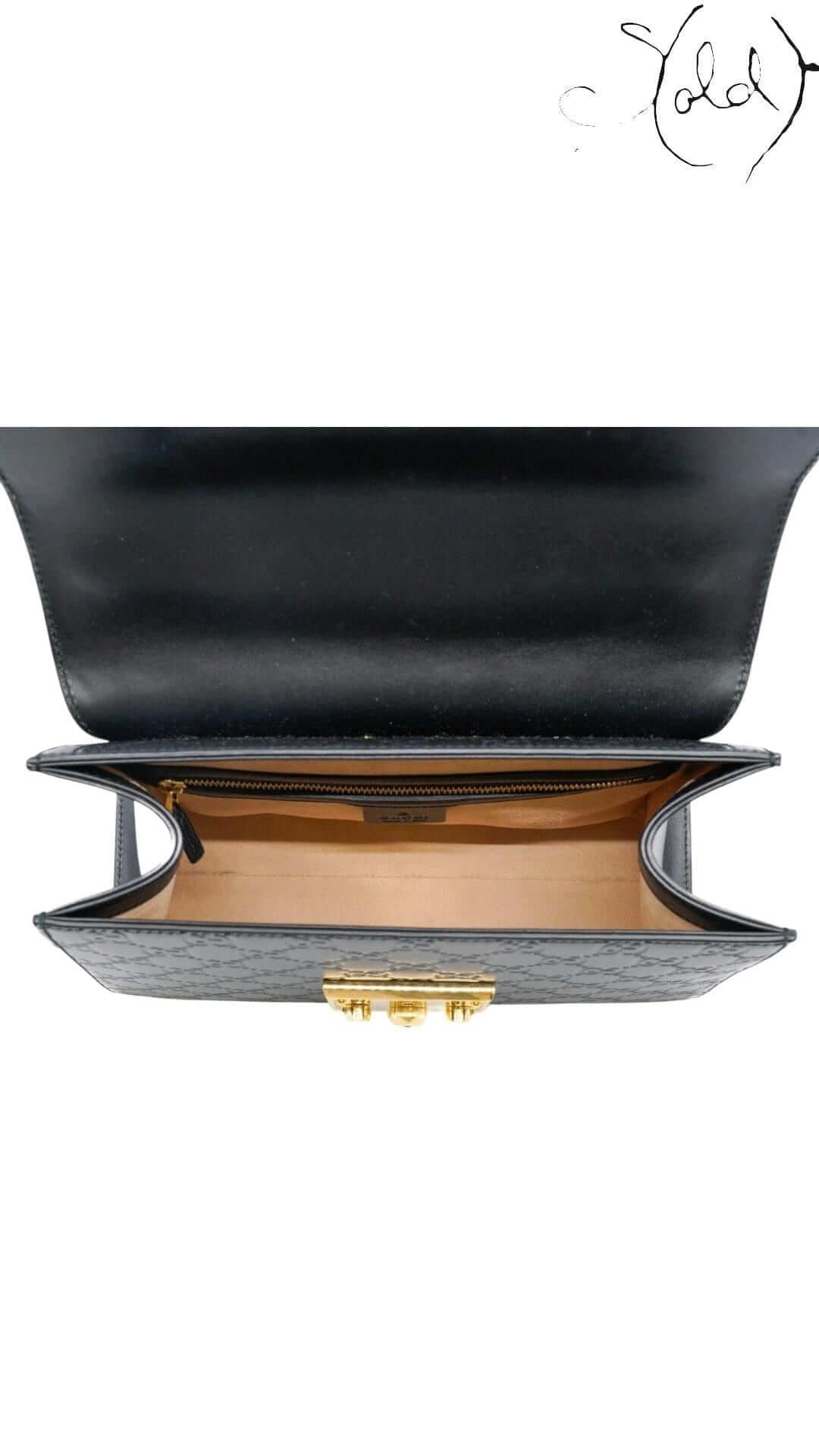 Gucci Padlock Top Handle in Double G Leather Black – Oxidized Elegance, Detail view | Sold Attire