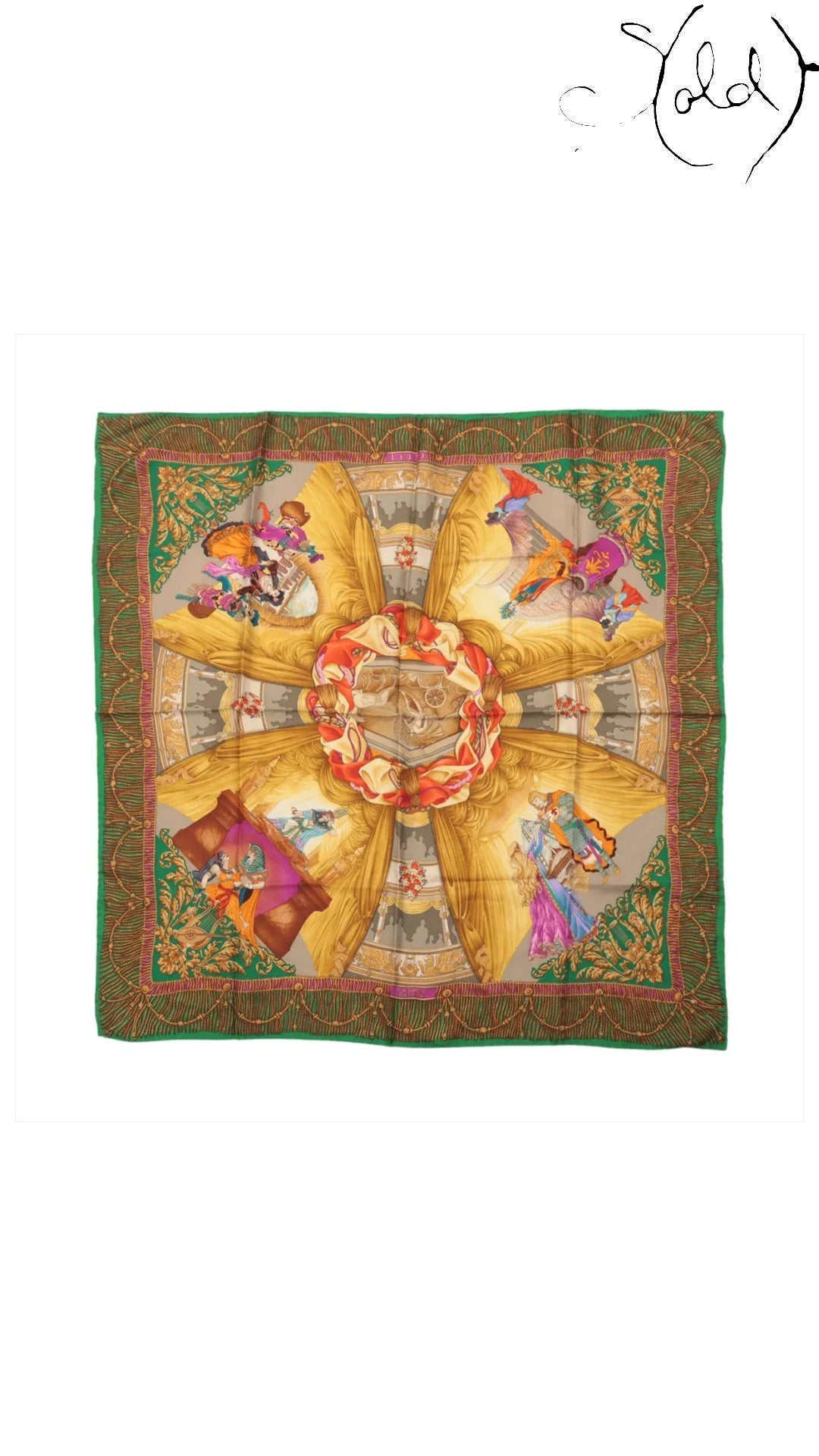gucci teatro opera green silk scarf, full view
