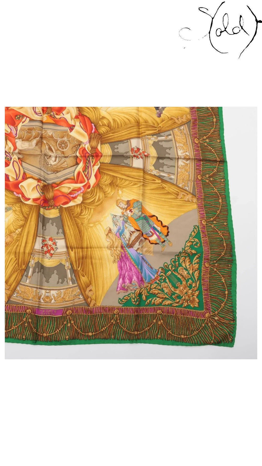 gucci teatro opera green silk scarf, detail view 3