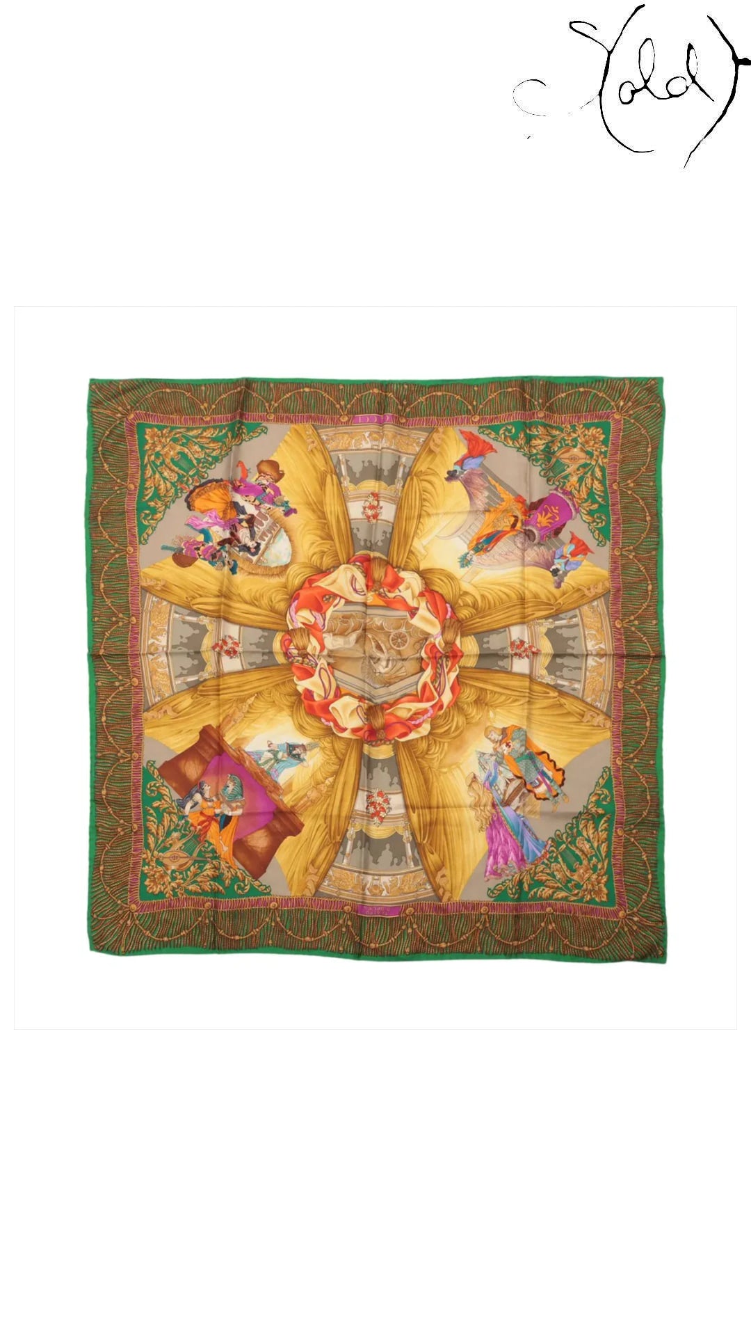 gucci teatro opera green silk scarf, full view