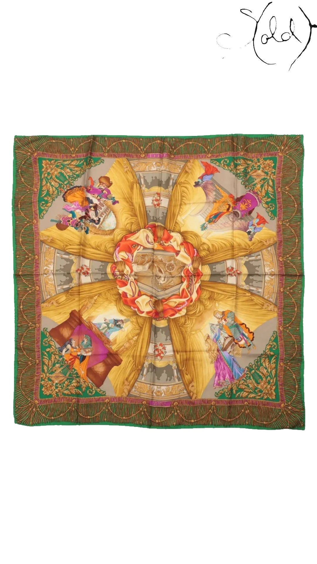 gucci teatro opera green silk scarf, full view