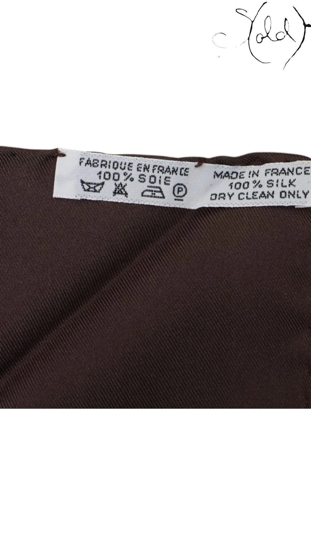 Sold Attire Hermes Carre 90 Gibiers silk scarf care label showing 100% silk composition and Made in France origin