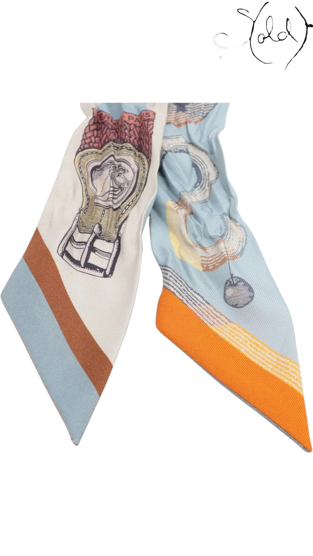 Sold Attire pre-owned Hermes light blue silk Twilly ribbon scarf with multicolor printed equestrian and geometric motifs