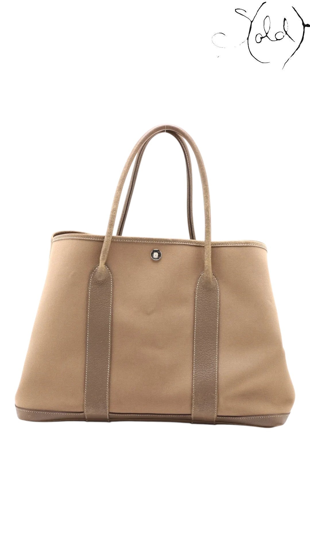 Sold Attire pre-owned Hermes Garden Party 36 PM tote in Etoupe Toile Officier canvas and Negonda leather trim.