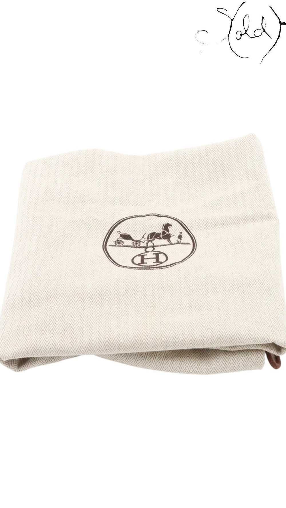 Sold Attire branded Hermes dust bag in beige herringbone canvas with the iconic horse and carriage logo print