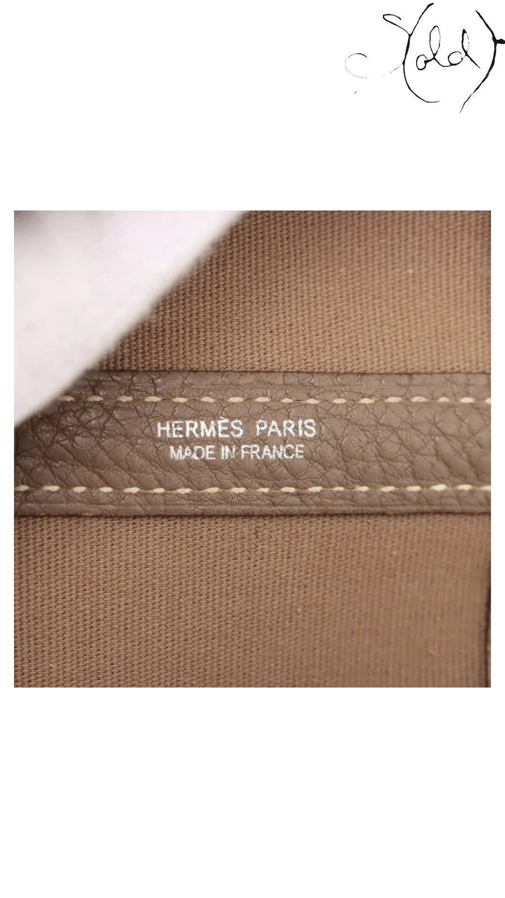 Sold Attire authentic Hermes Paris stamp on Etoupe Negonda leather trim of a Garden Party 36 PM bag