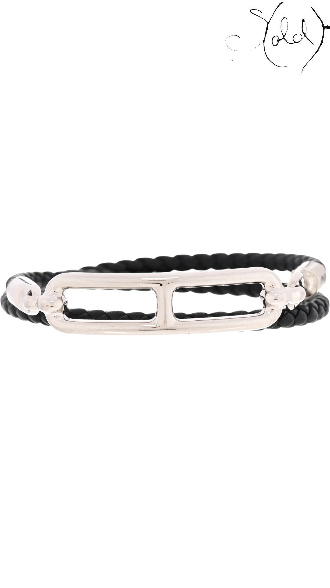 Sold Attire: Hermès Roulis Double Tour bracelet in black Swift calfskin with palladium-plated hardware. Wraps twice around the wrist.