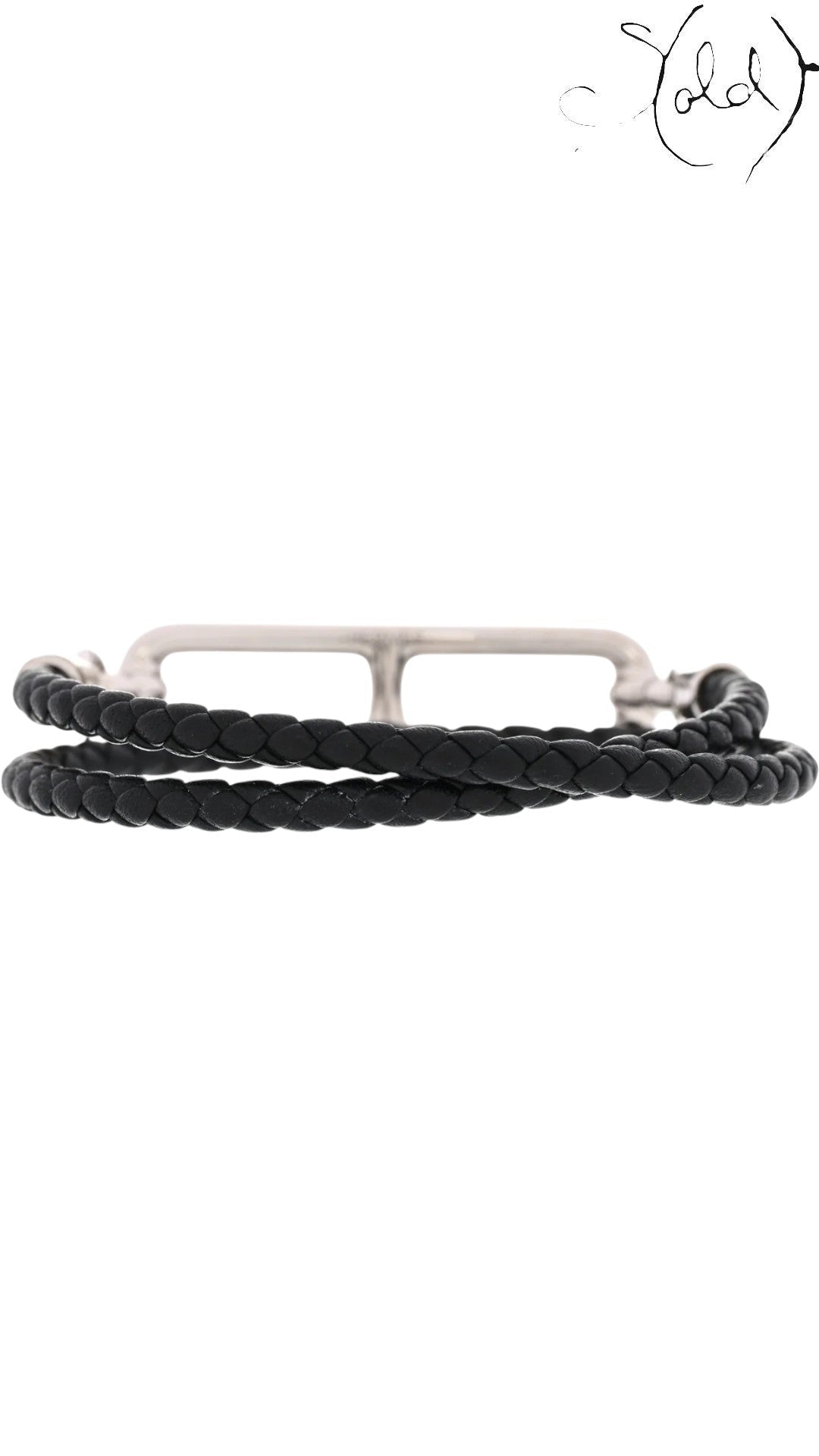 Sold Attire: Hermès Roulis Double Tour bracelet in black swift calfskin with palladium hardware. Wraps twice around the wrist.