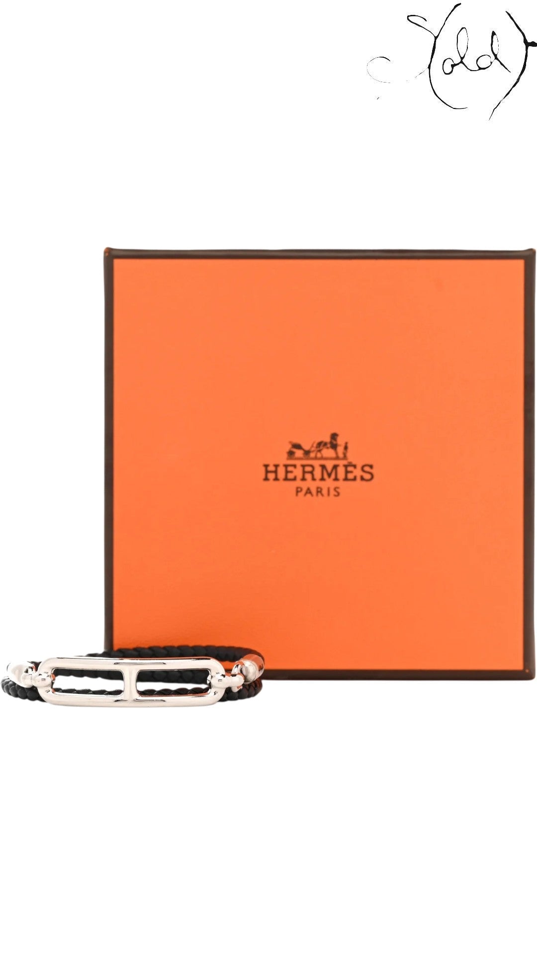 Sold Attire black Swift calfskin Hermès Roulis Double Tour bracelet with palladium hardware and iconic H clasp, presented with its orange box.