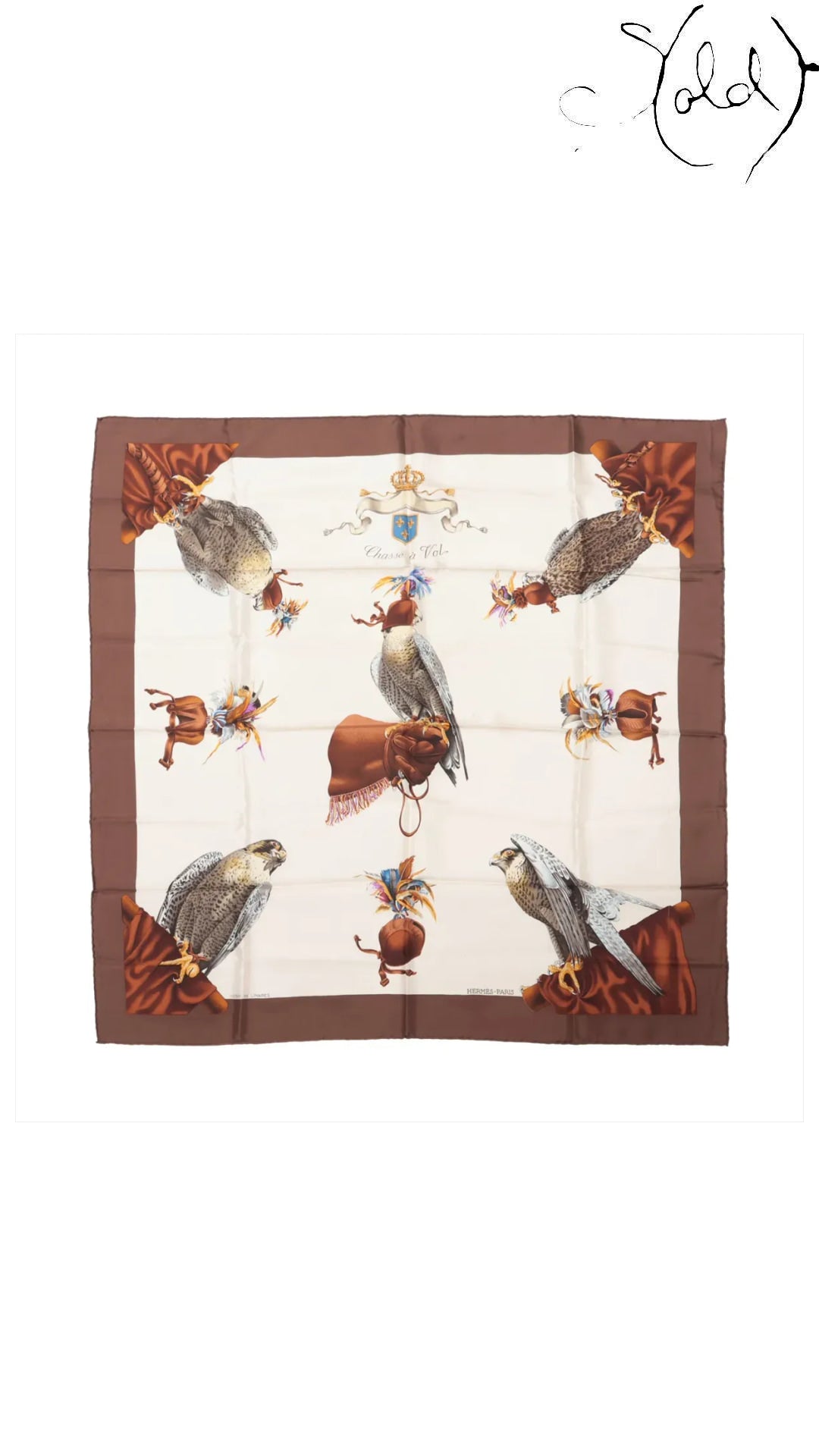 Hermes Carre 90 Chasse a Vol Brown Silk Scarf — full view