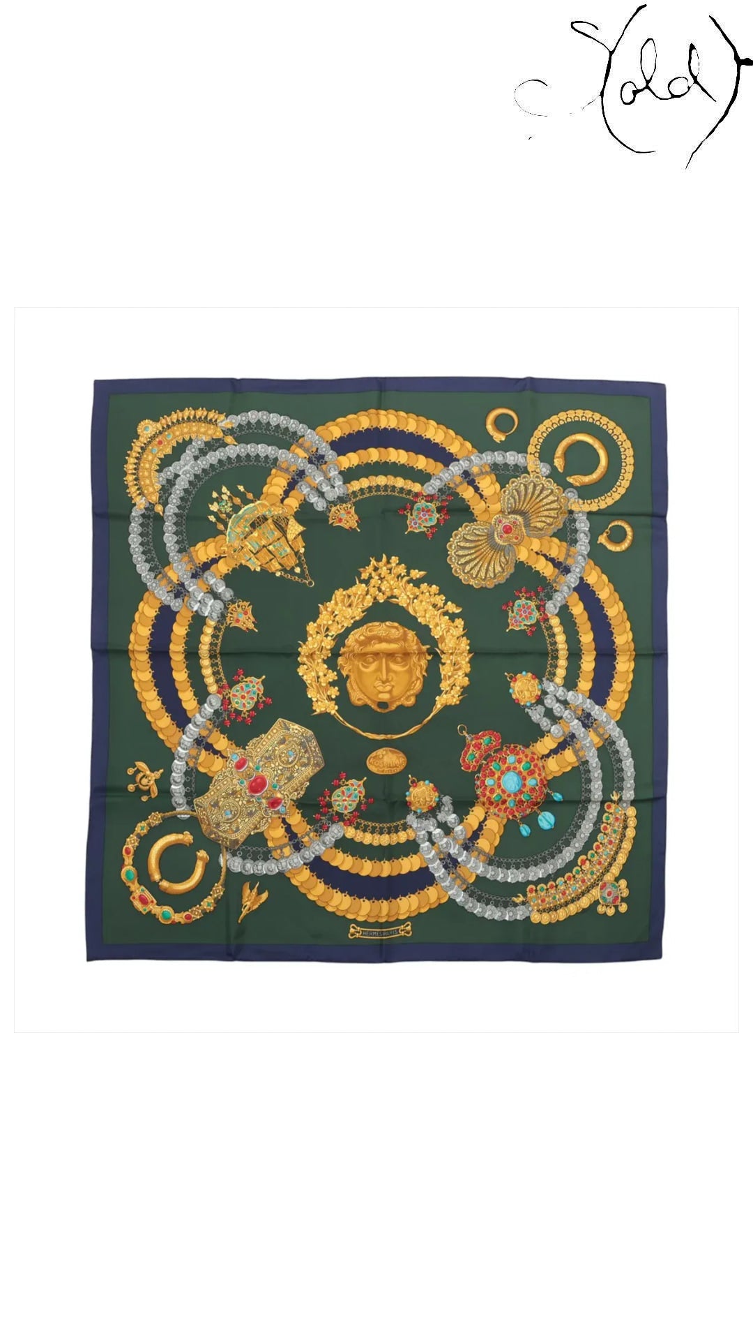Hermes Carre 90 Kosmima Navy Khaki Silk Scarf — full view