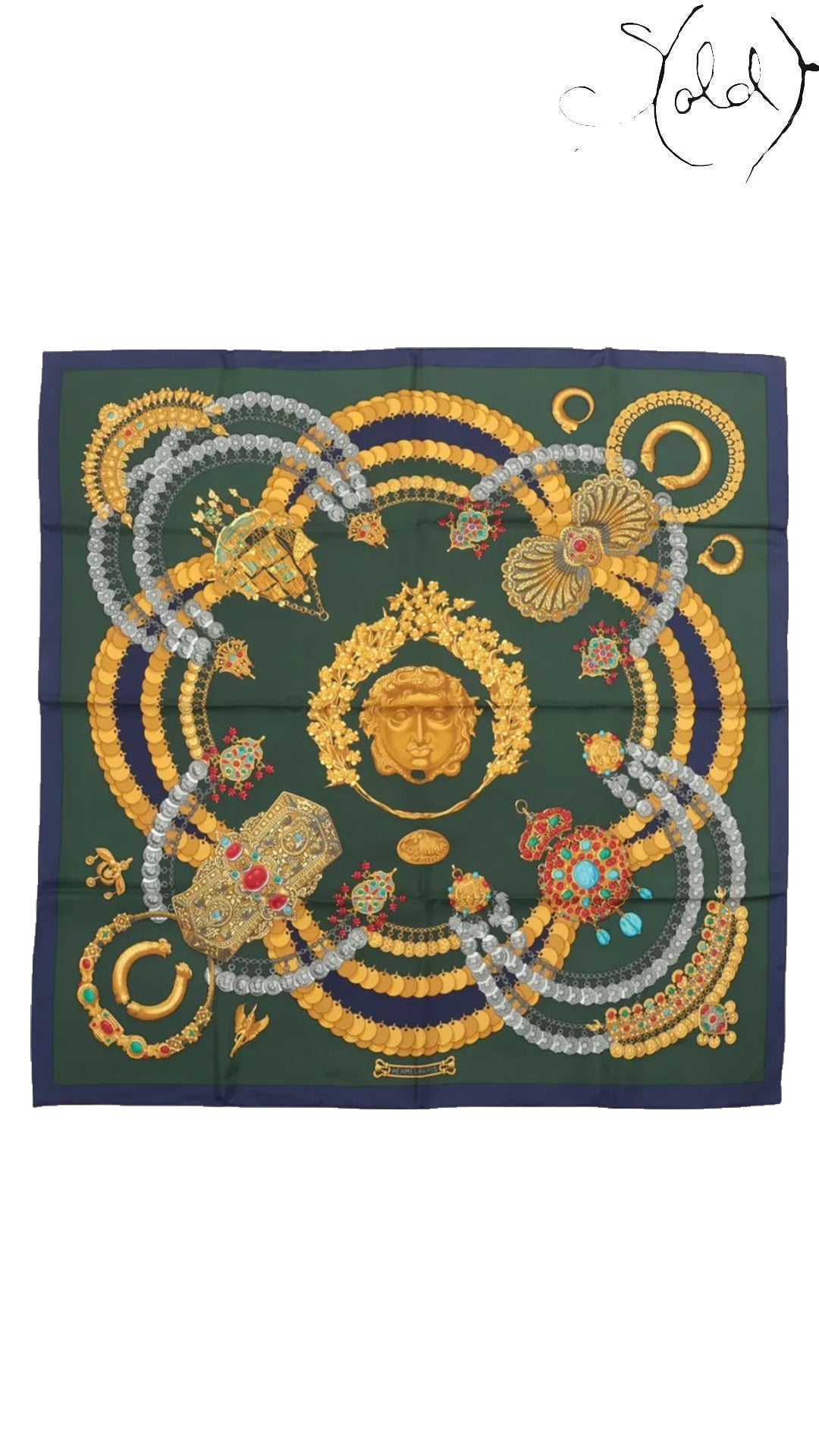 Hermes Carre 90 Kosmima Navy Khaki Silk Scarf - full view