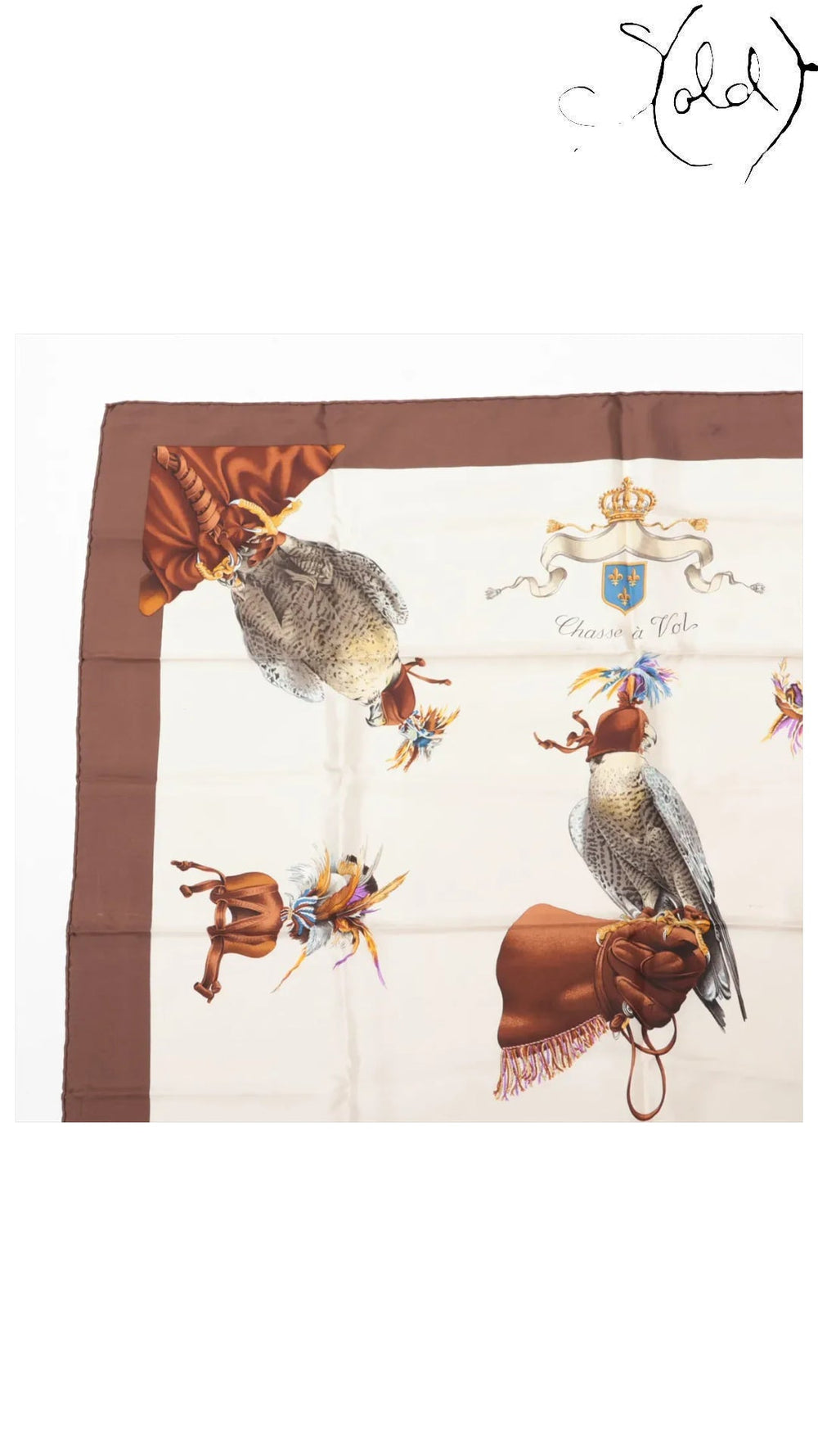 Hermes Carre 90 Chasse a Vol Brown Silk Scarf — detail view 2