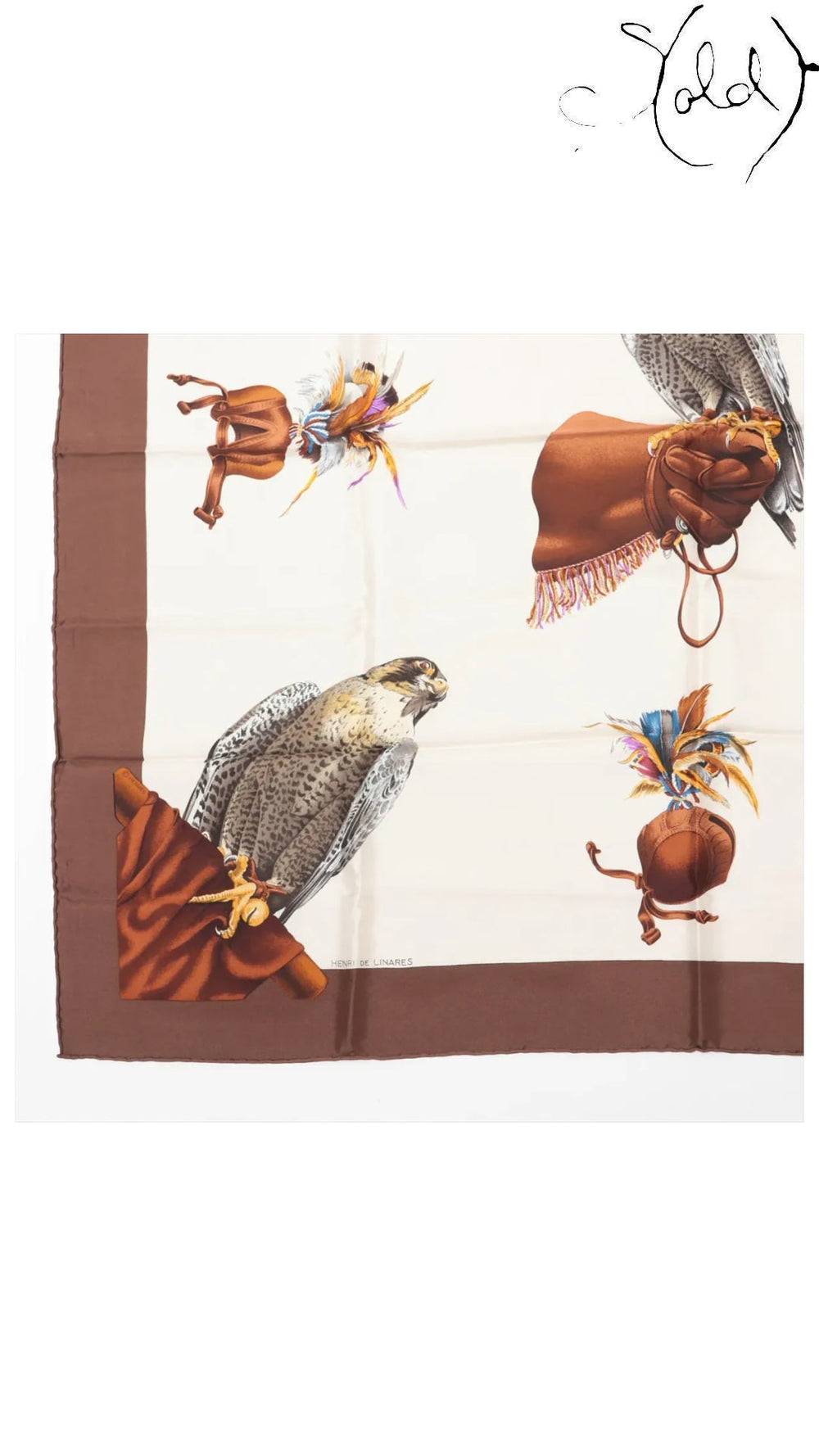 Hermes Carre 90 Chasse a Vol Brown Silk Scarf — detail view 5