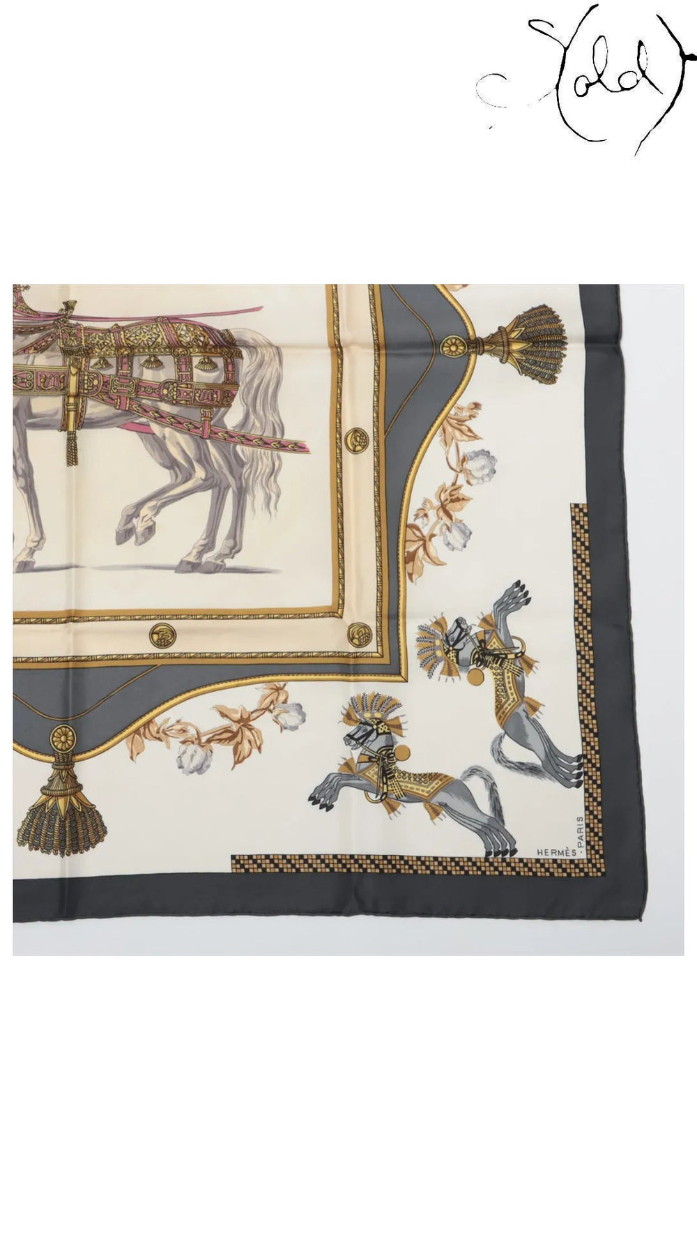Hermes Carre 90 Harnais Francais Grey Silk Scarf — detail view 4